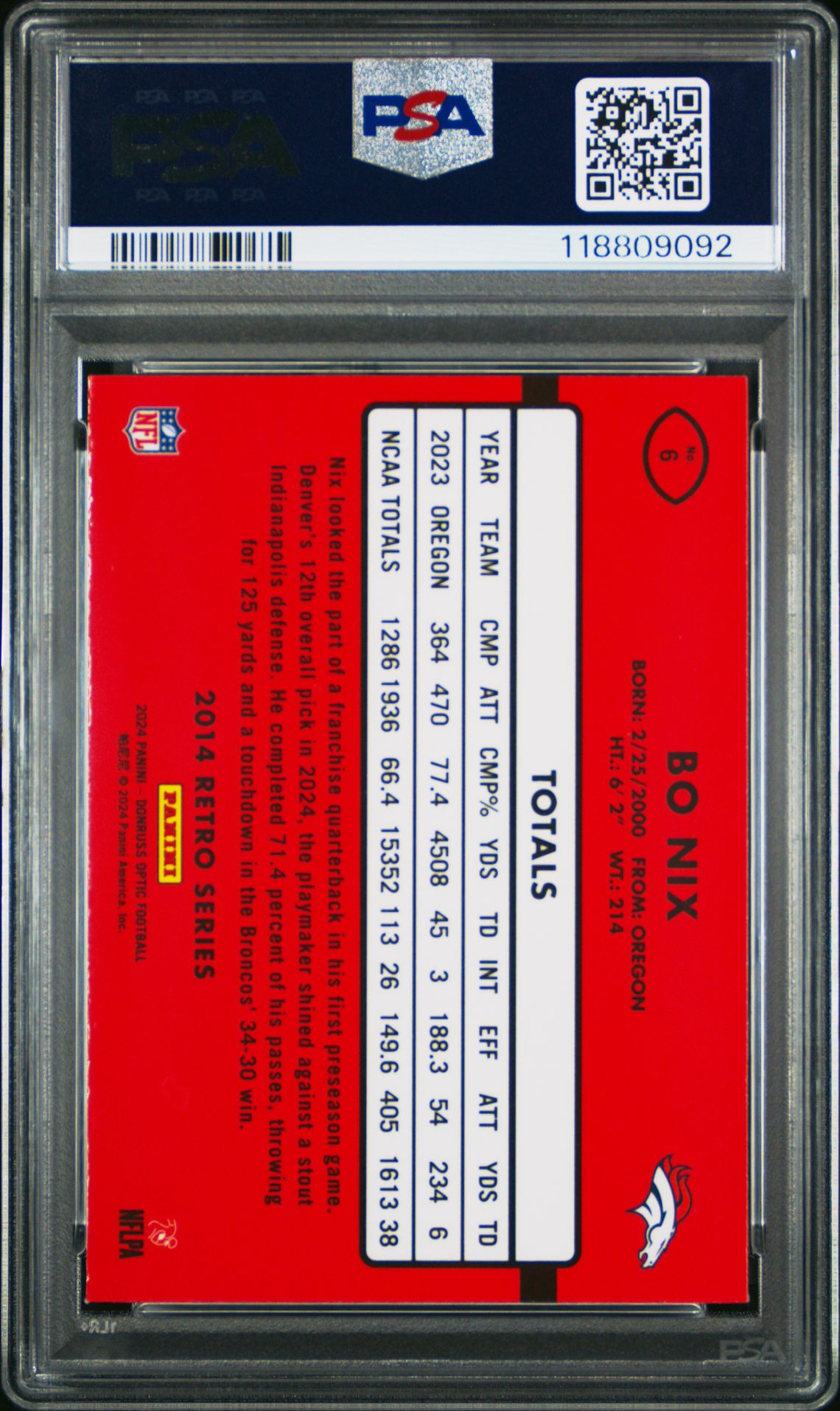 2024 Panini Donruss Optic 2014 Retro Series Bo Nix #6 Mint 9 back