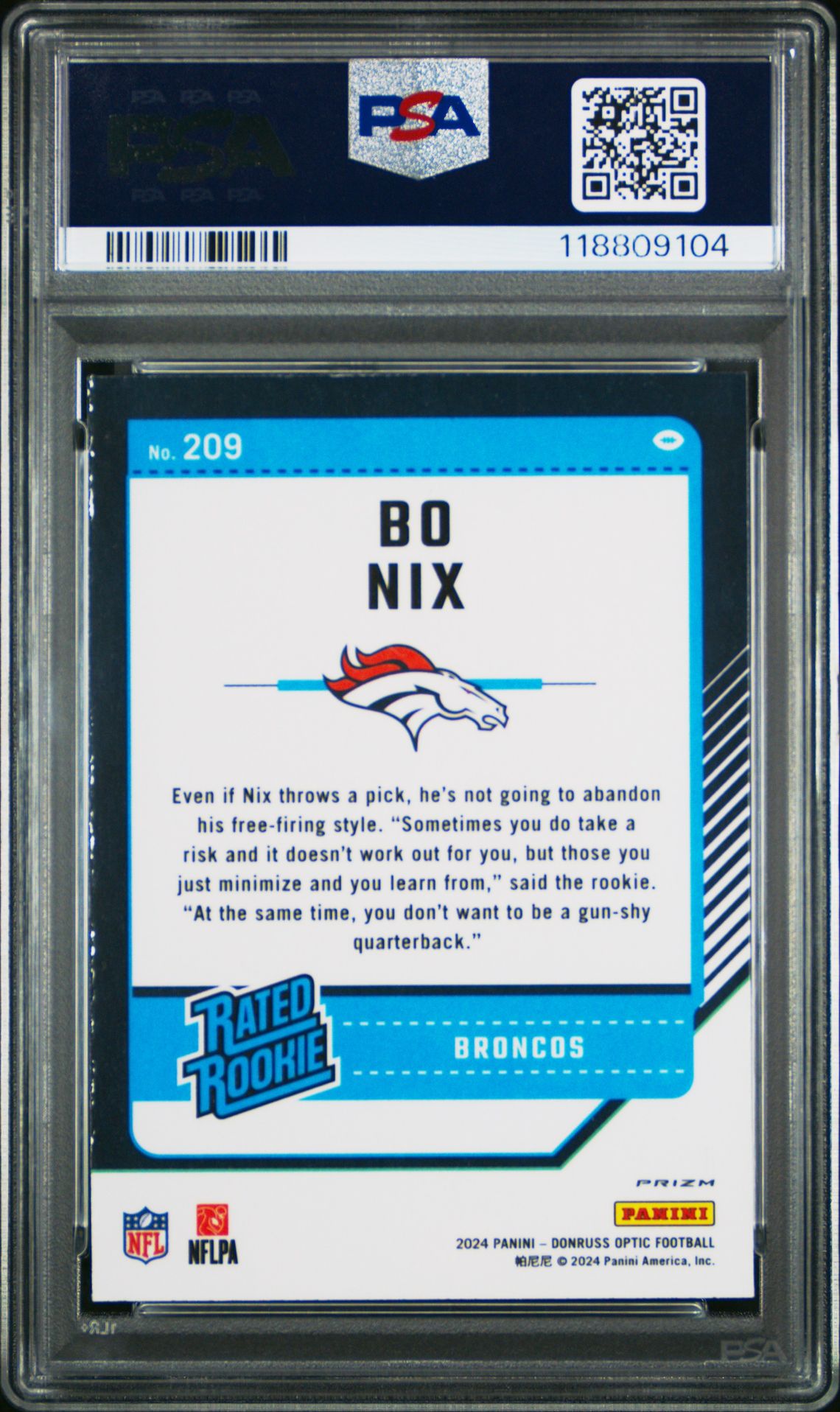 2024 Panini Donruss Optic Bo Nix #209 (Purple Shock) Mint 9 back
