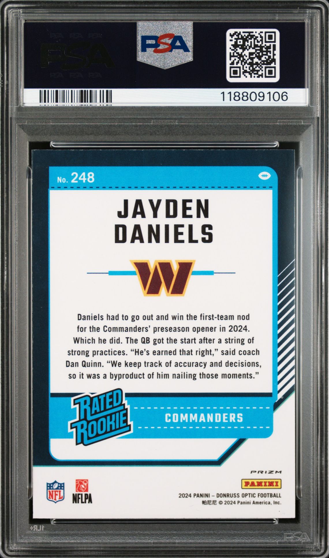 2024 Panini Donruss Optic Jayden Daniels #248 (Purple Shock) Mint 9 back