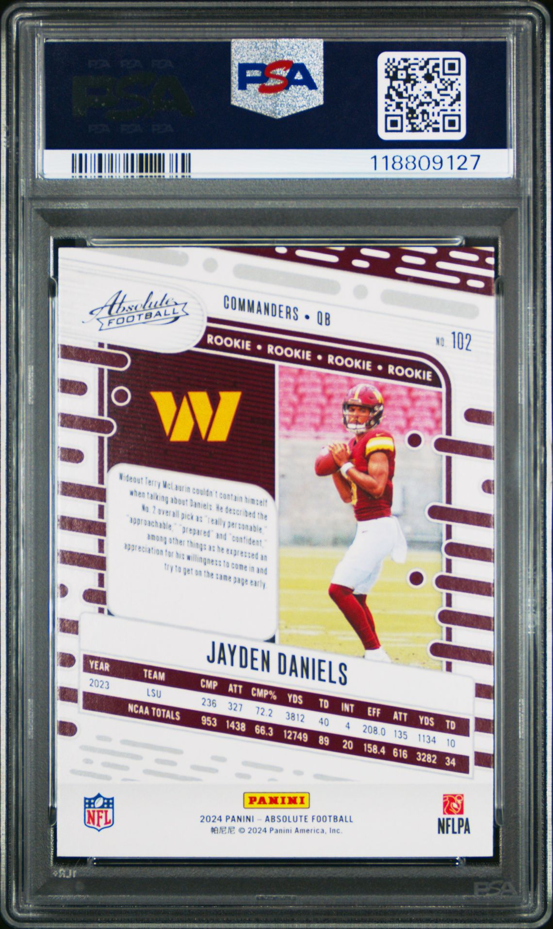 2024 Panini Absolute Jayden Daniels #102 (Red And Blue) Gem Mt 10 back