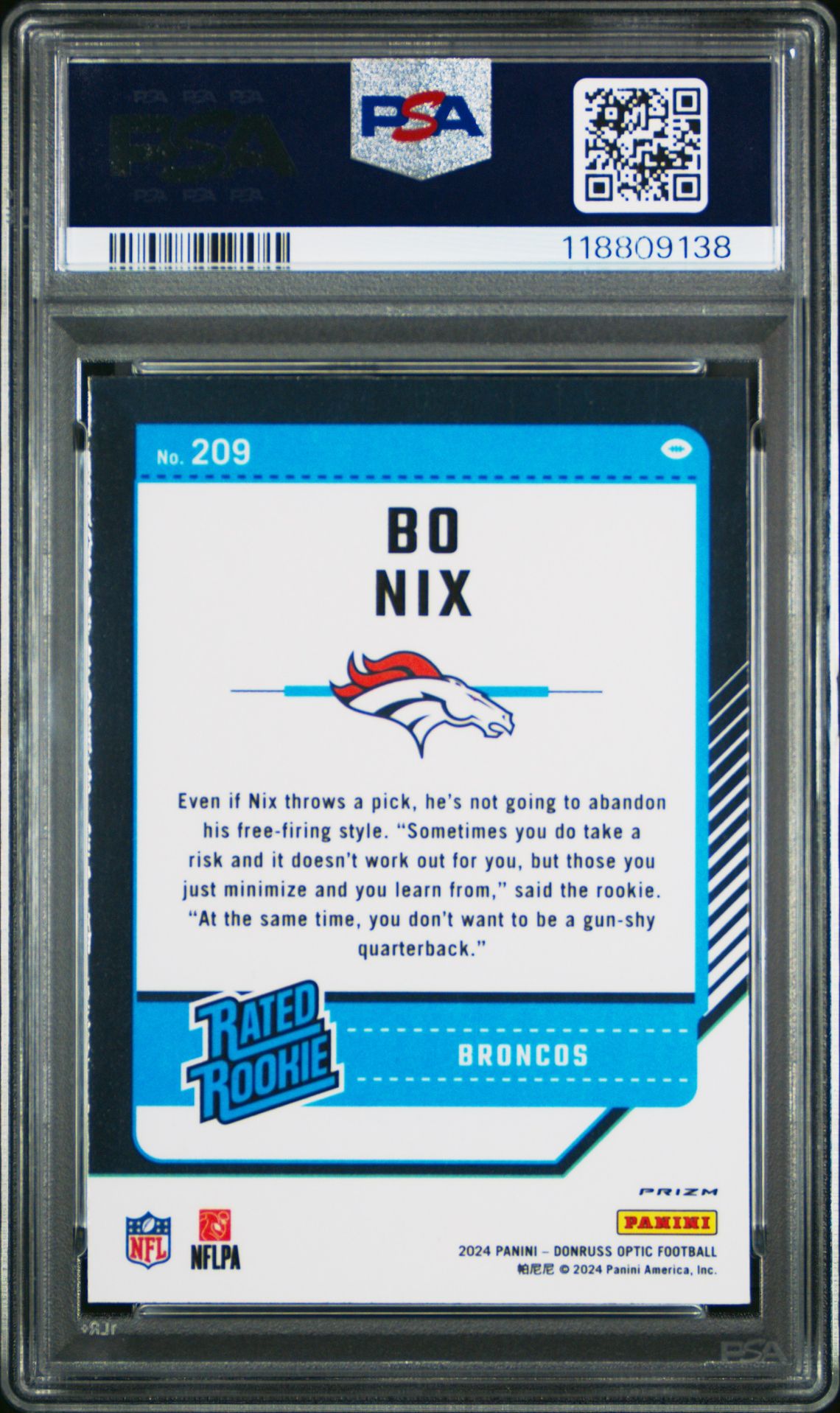 2024 Panini Donruss Optic Bo Nix #209 (Blue Hyper) Gem Mt 10 back