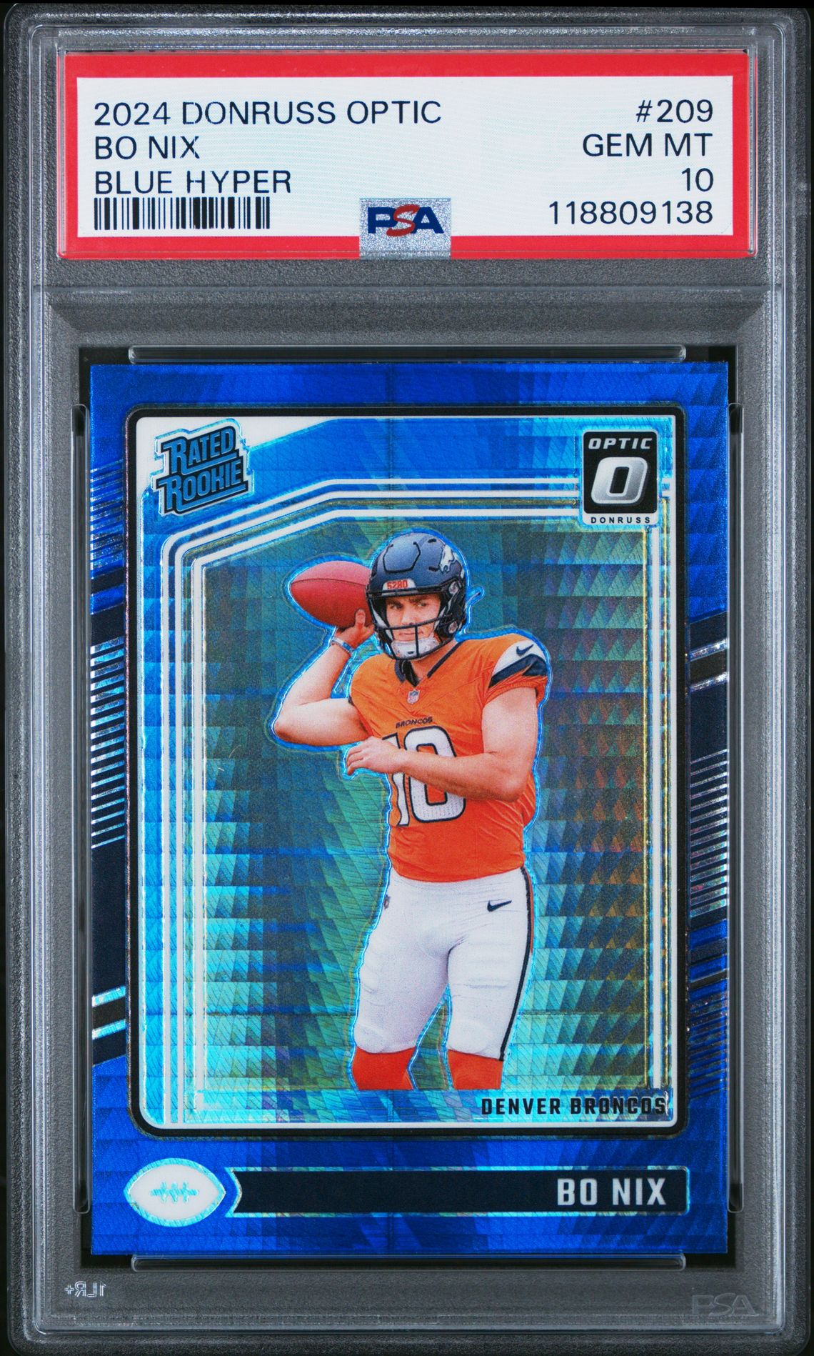 2024 Panini Donruss Optic Bo Nix #209 (Blue Hyper) Gem Mt 10 front