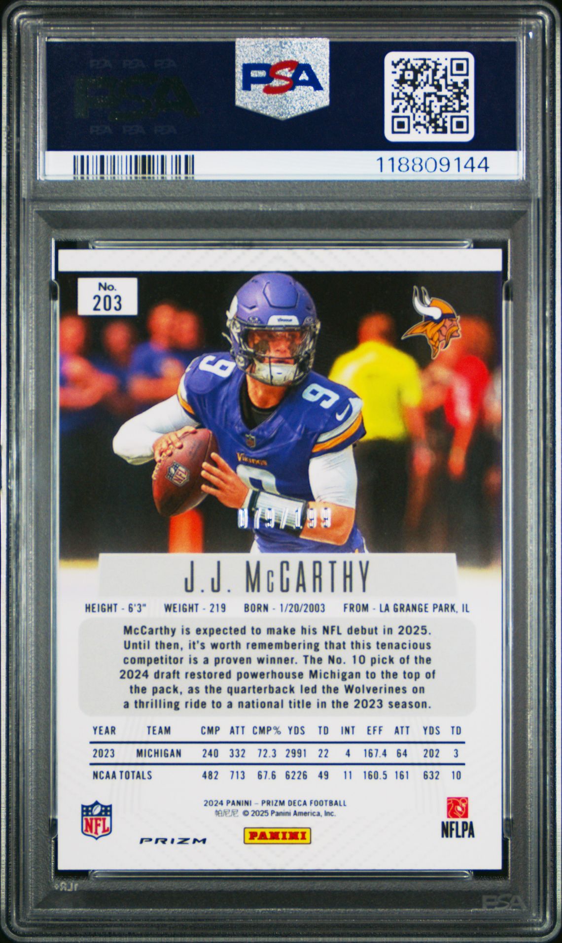 2024 Panini Prizm Deca Jj Mccarthy #203 (Red Prizm) Gem Mt 10 back