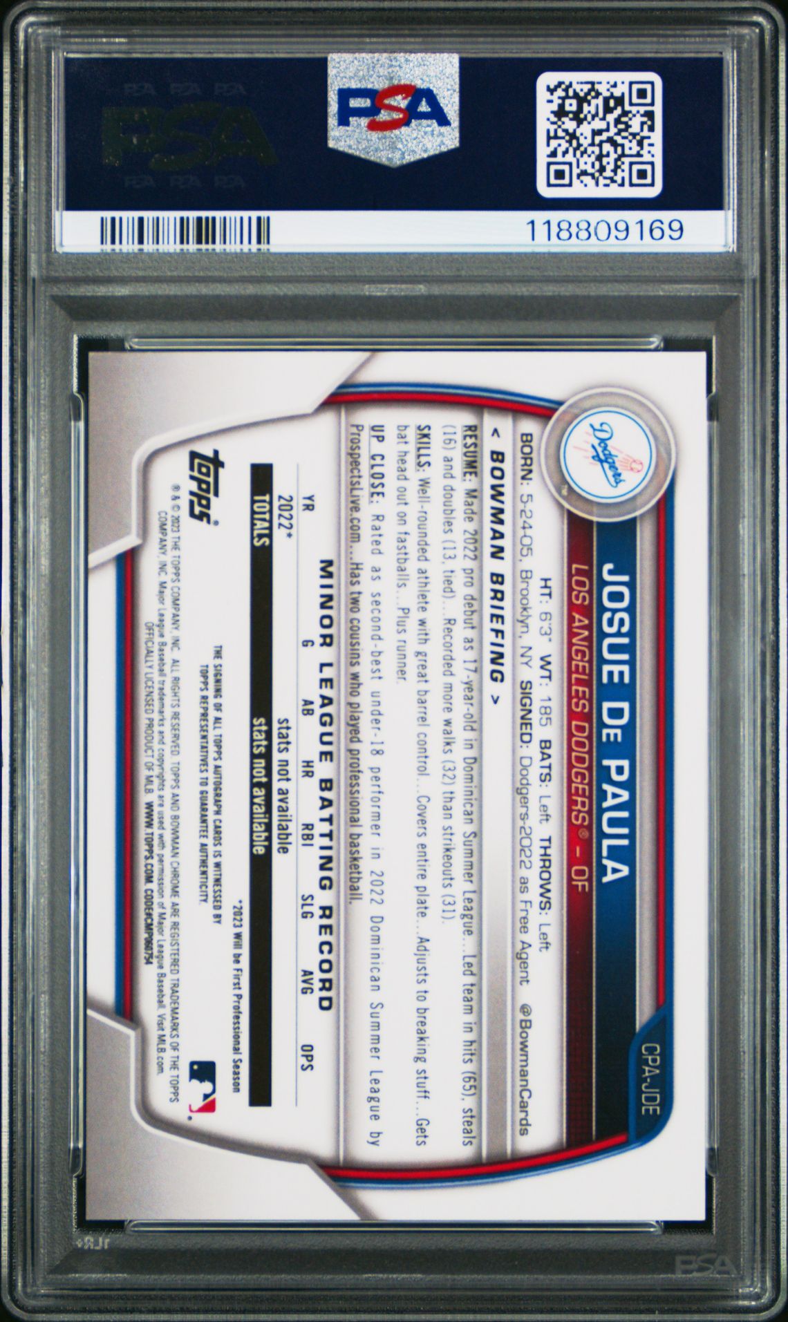 2023 Bowman Chrome Prospect Autographs Josue De Paula #Cpajde Mint 9 back