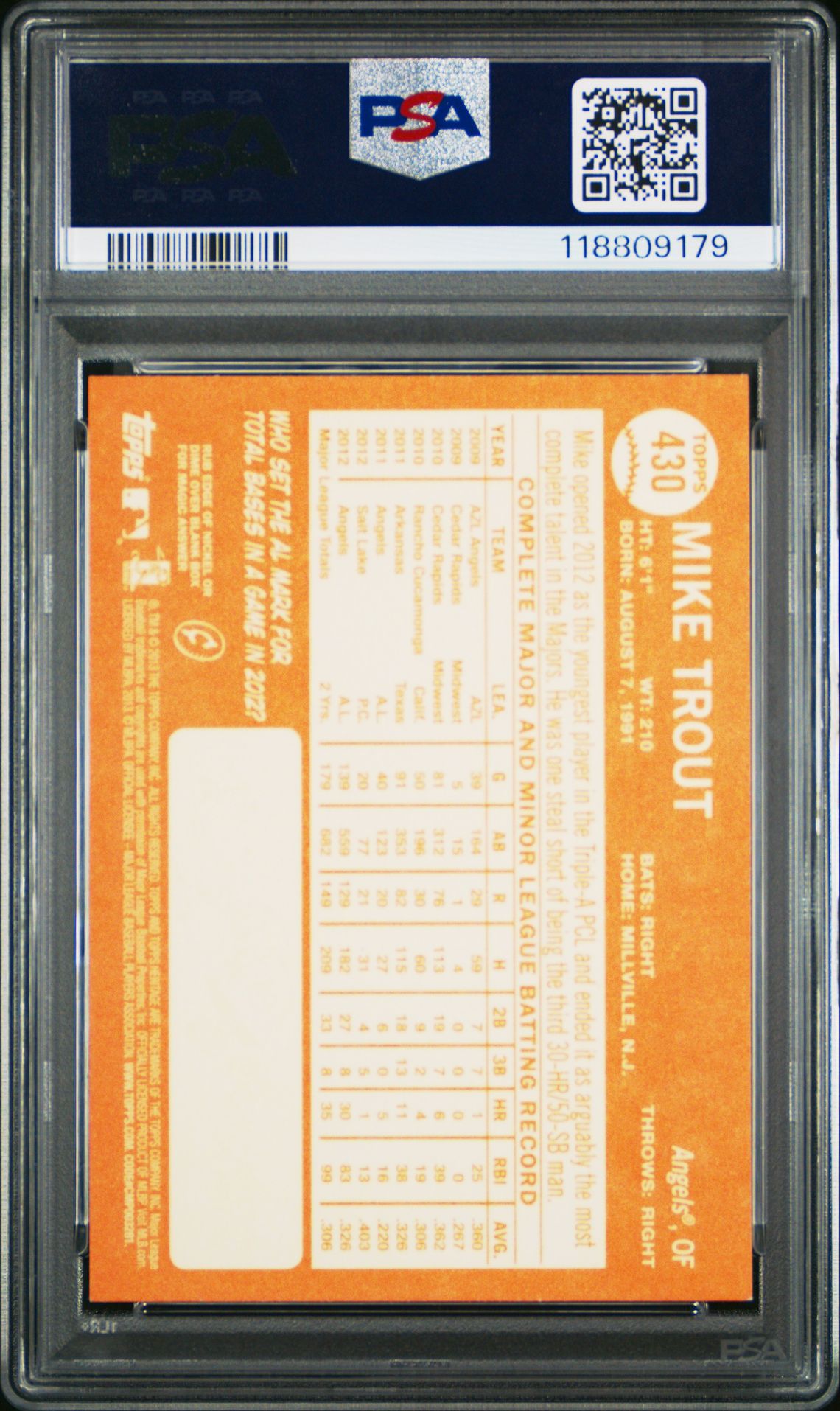 2013 Topps Heritage Mike Trout #430 (No Hat) Gem Mt 10 back