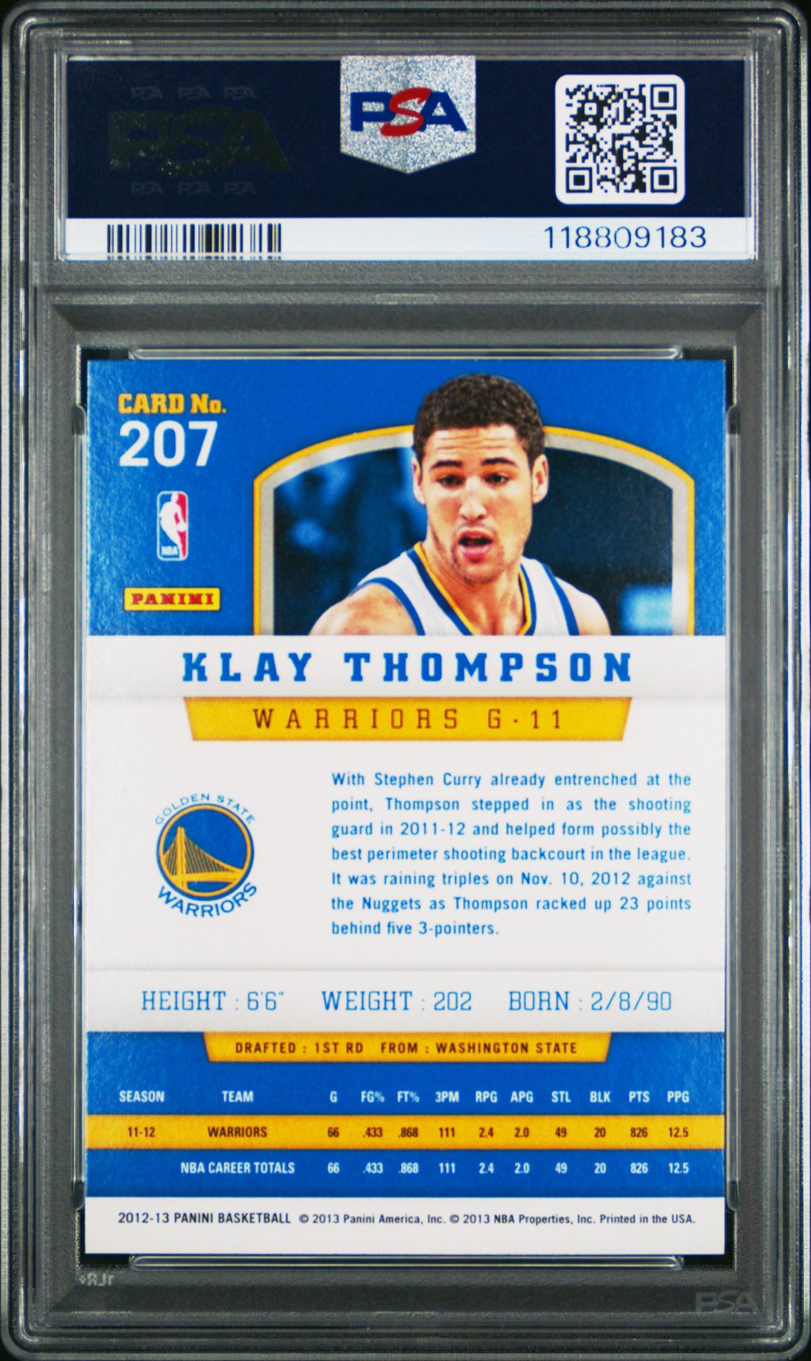 2012 Panini Klay Thompson #207 (Gold Knight) Mint 9 back