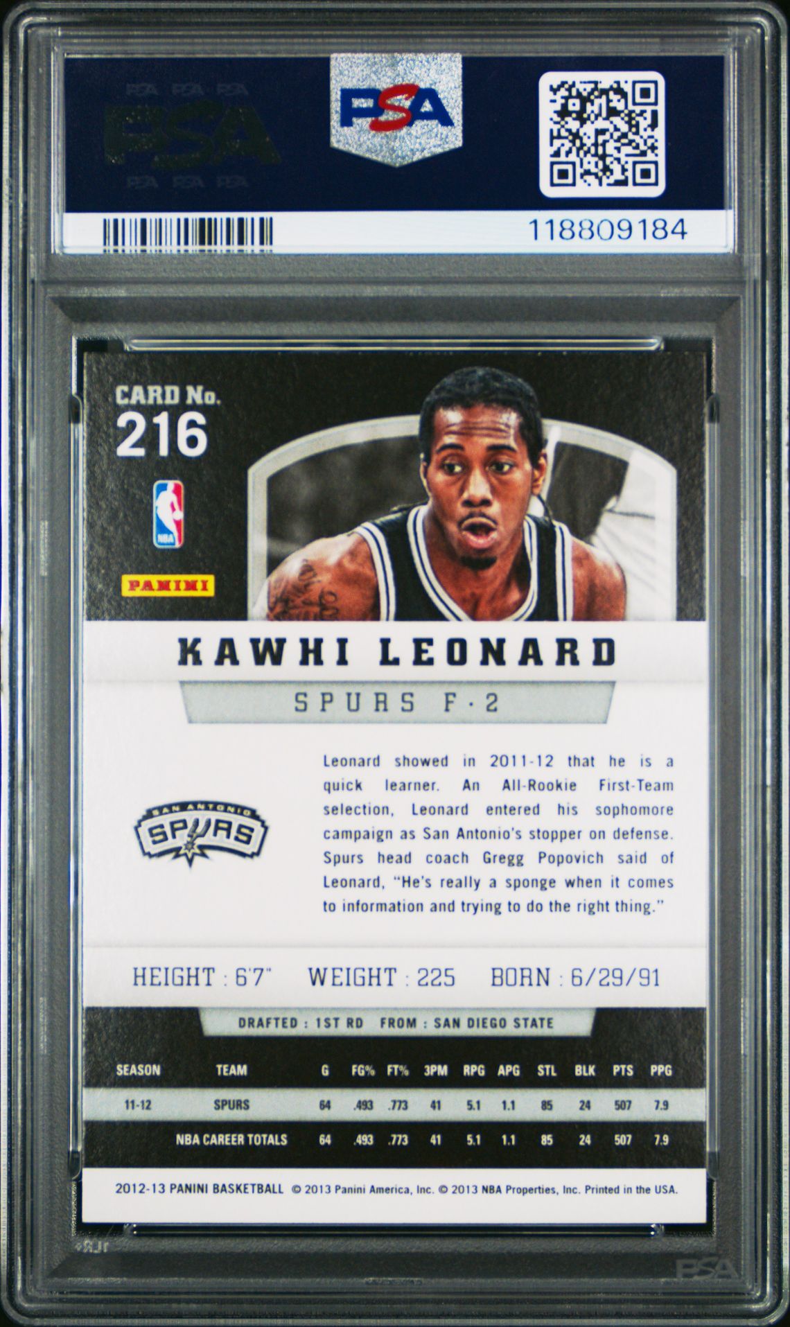 2012 Panini Kawhi Leonard #216 (Gold Knight) Mint 9 back