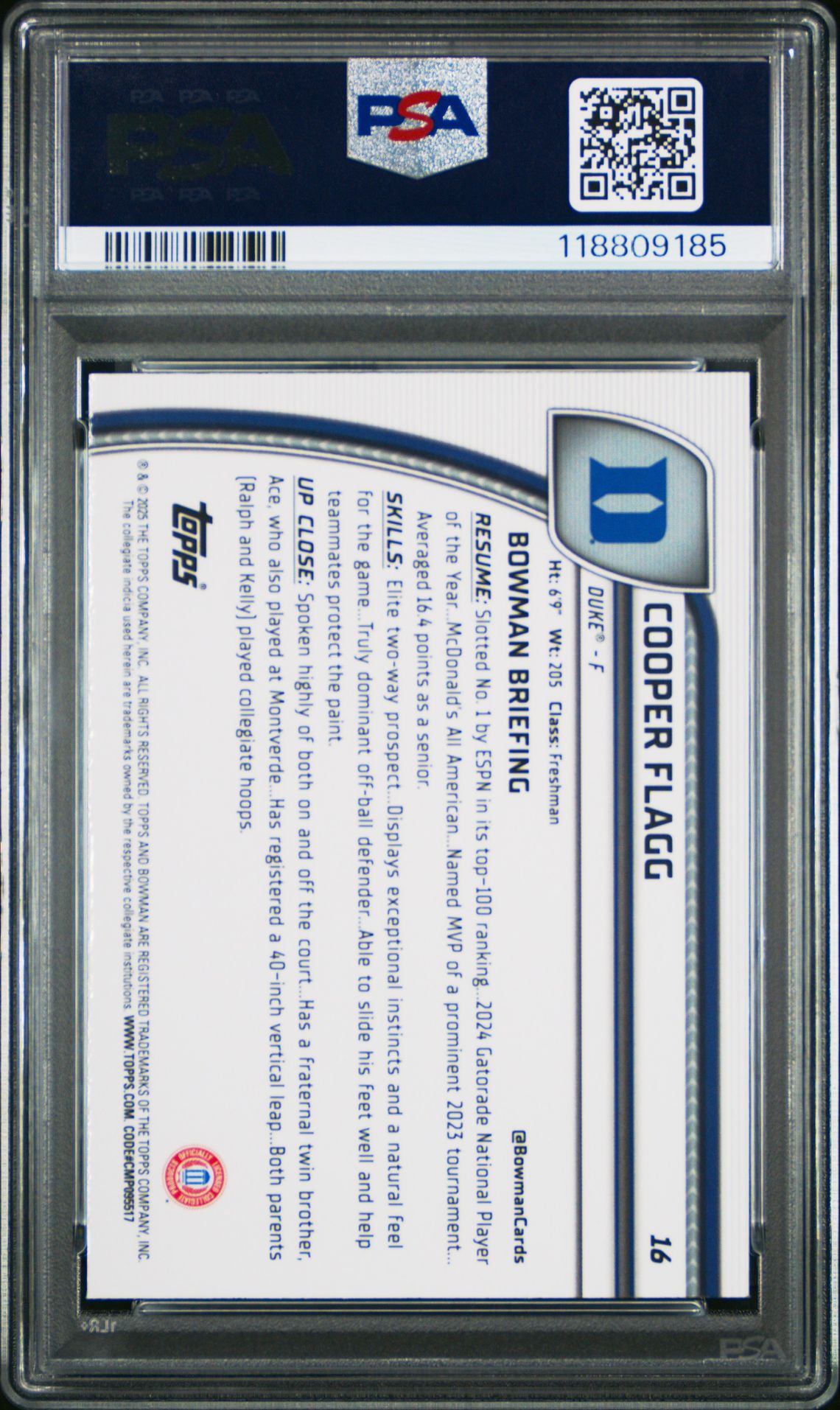 2024 Bowman Chrome University Cooper Flagg #16 (Green Shimmer) Gem Mt 10 back