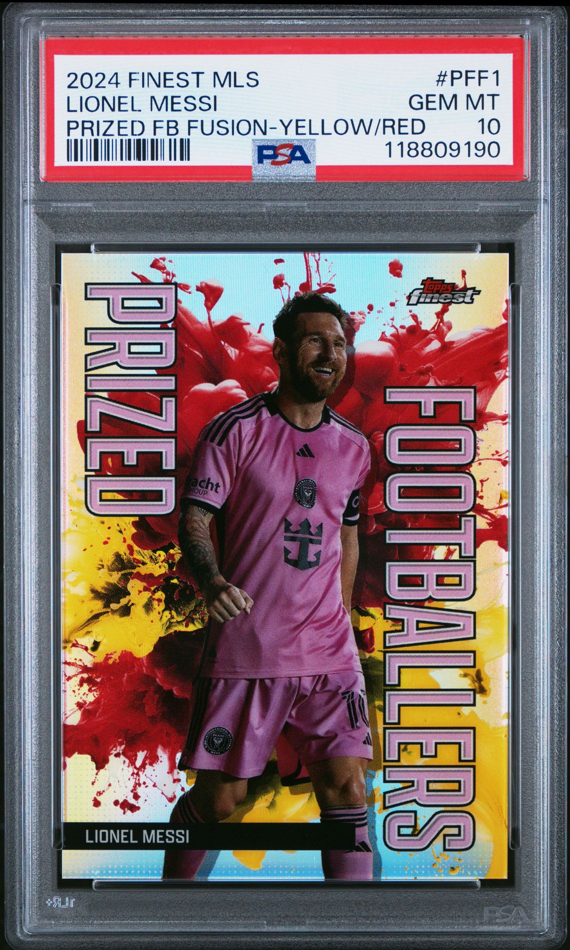 2024 Topps Finest Mls Prized Footballers Fusion Lionel Messi #Pff1 (Prized Fb Fusion-Yellow/Red) Gem Mt 10 front