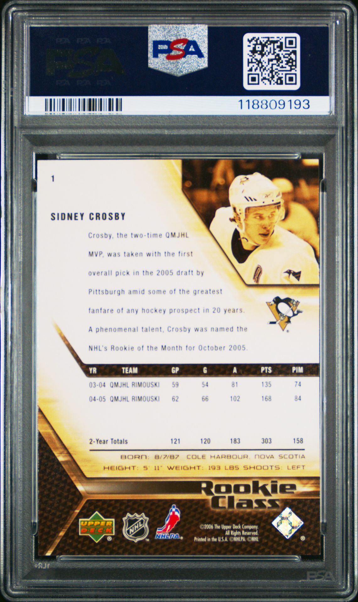 2005 Upper Deck Rookie Class Sidney Crosby #1 (Rookie Class) Nm-Mt 8 back