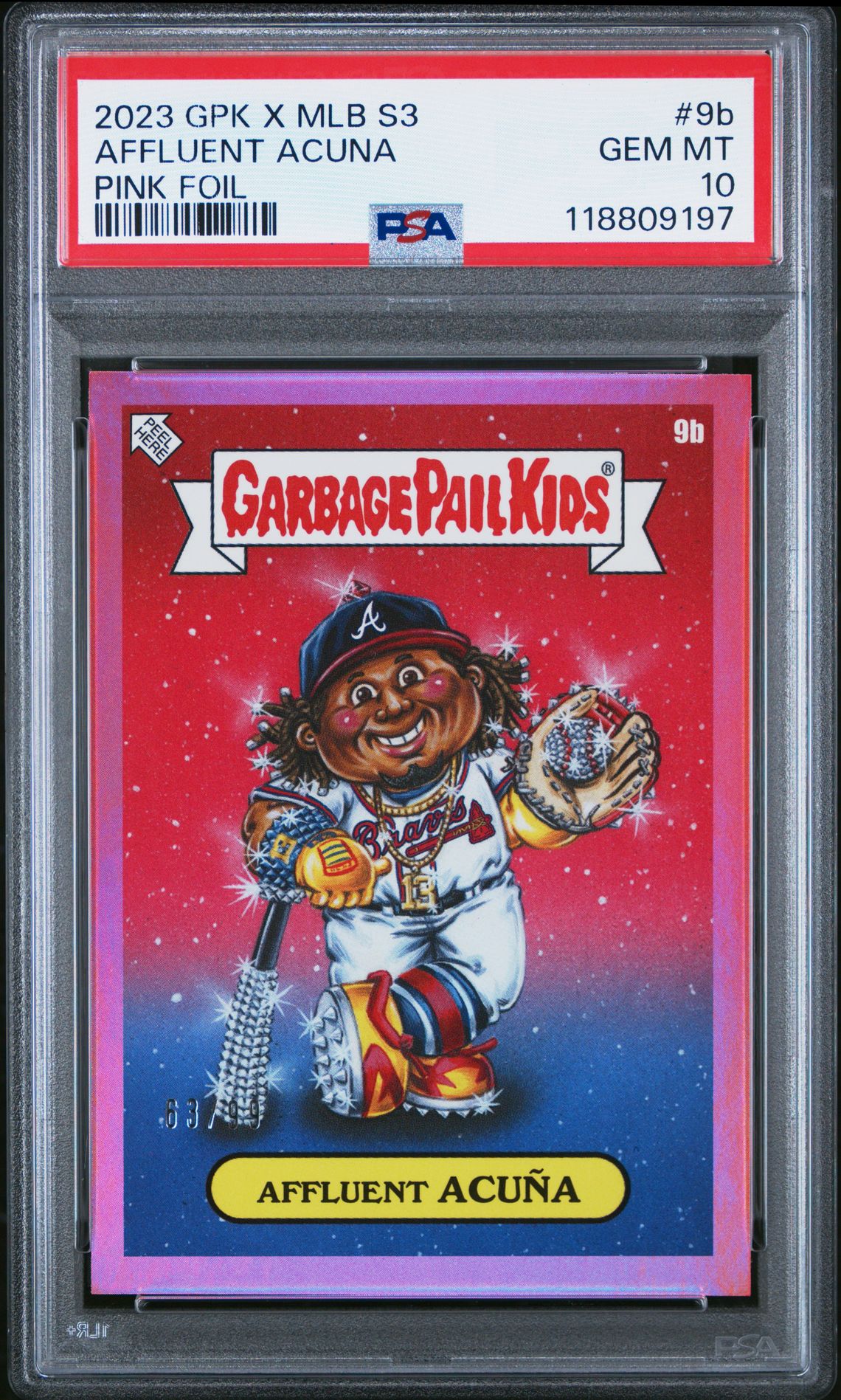 2023 Topps Garbage Pail Kids X Mlb Series 3 Affluent Acuna #9B (Pink Foil) Gem Mt 10 front