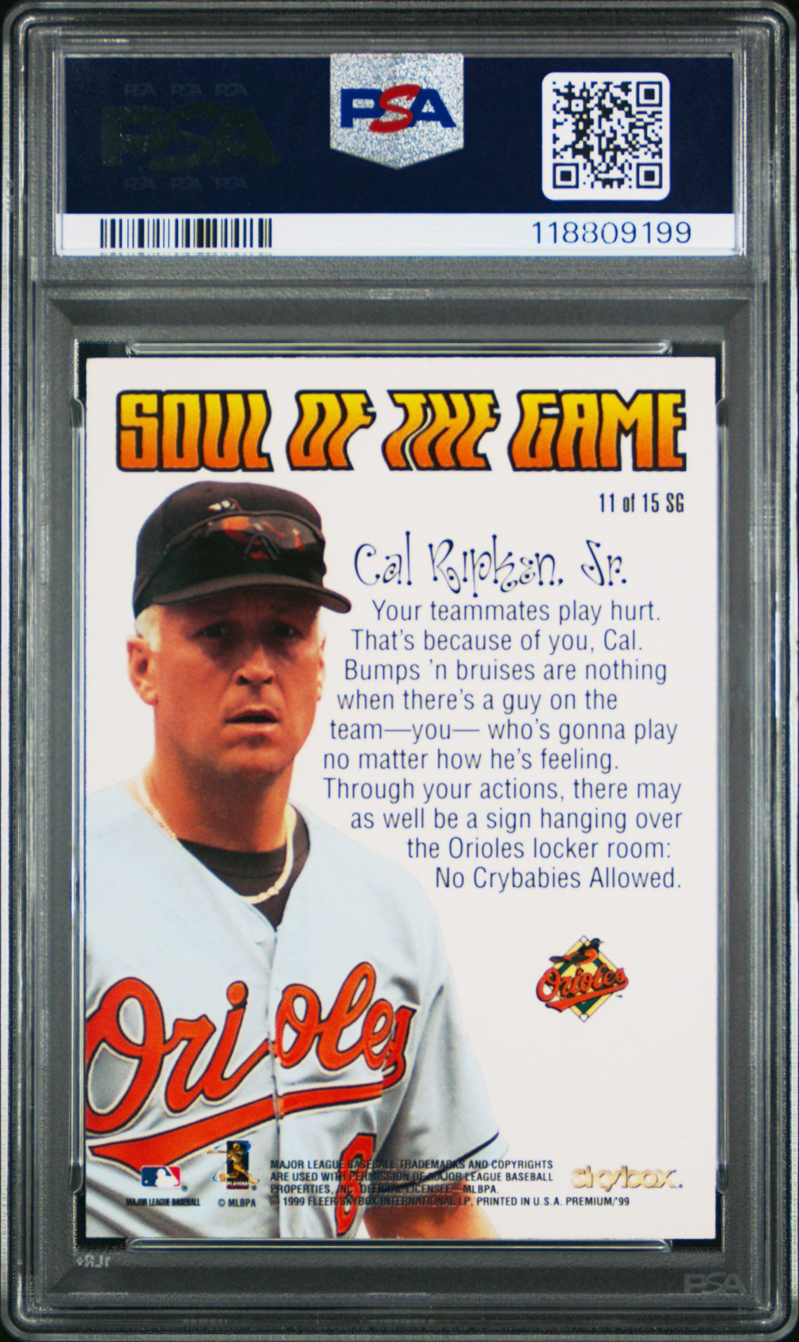 1999 Skybox Premium Soul Of The Game Cal Ripken Jr. #11 (Soul Of The Game) Mint 9 back