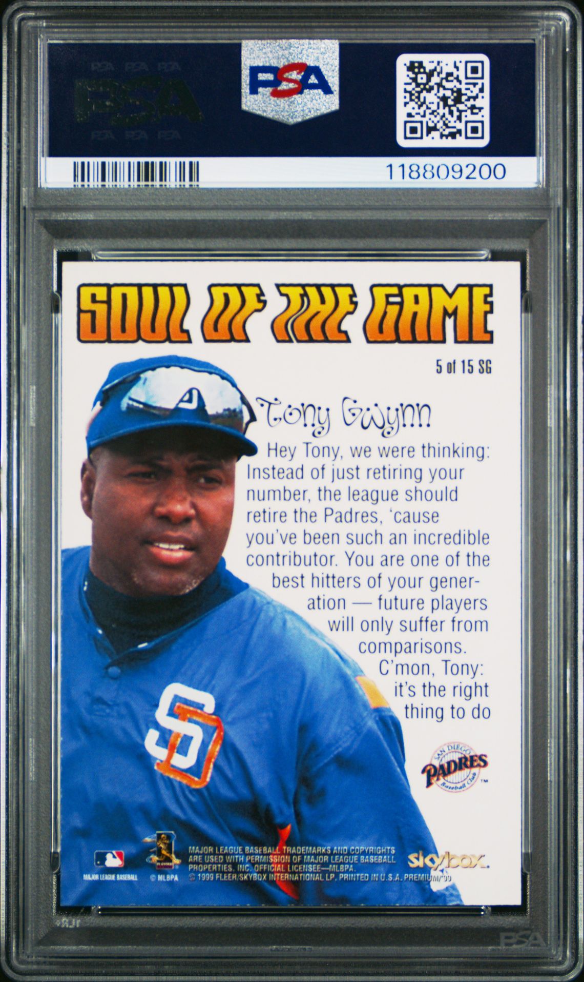 1999 Skybox Premium Soul Of The Game Tony Gwynn #5 (Soul Of The Game) Mint 9 back