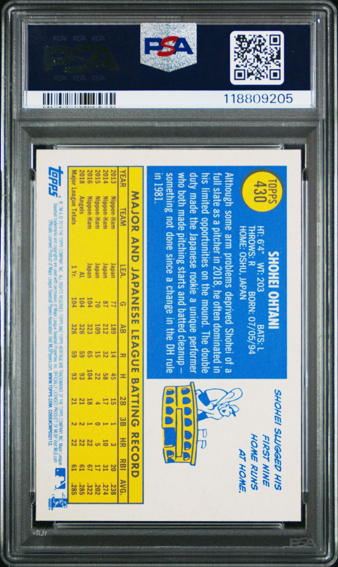 2019 Topps Heritage Shohei Ohtani #430 Gem Mt 10 back