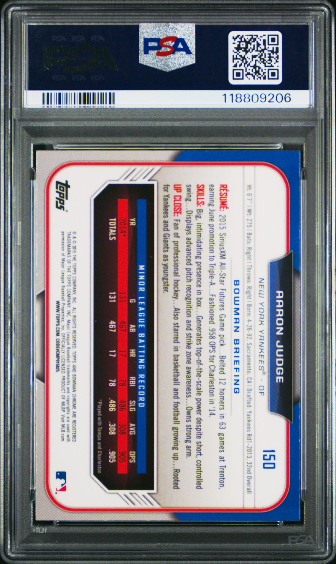 2015 Bowman Draft Aaron Judge #150 (Chrome-Refractor) Mint 9 back