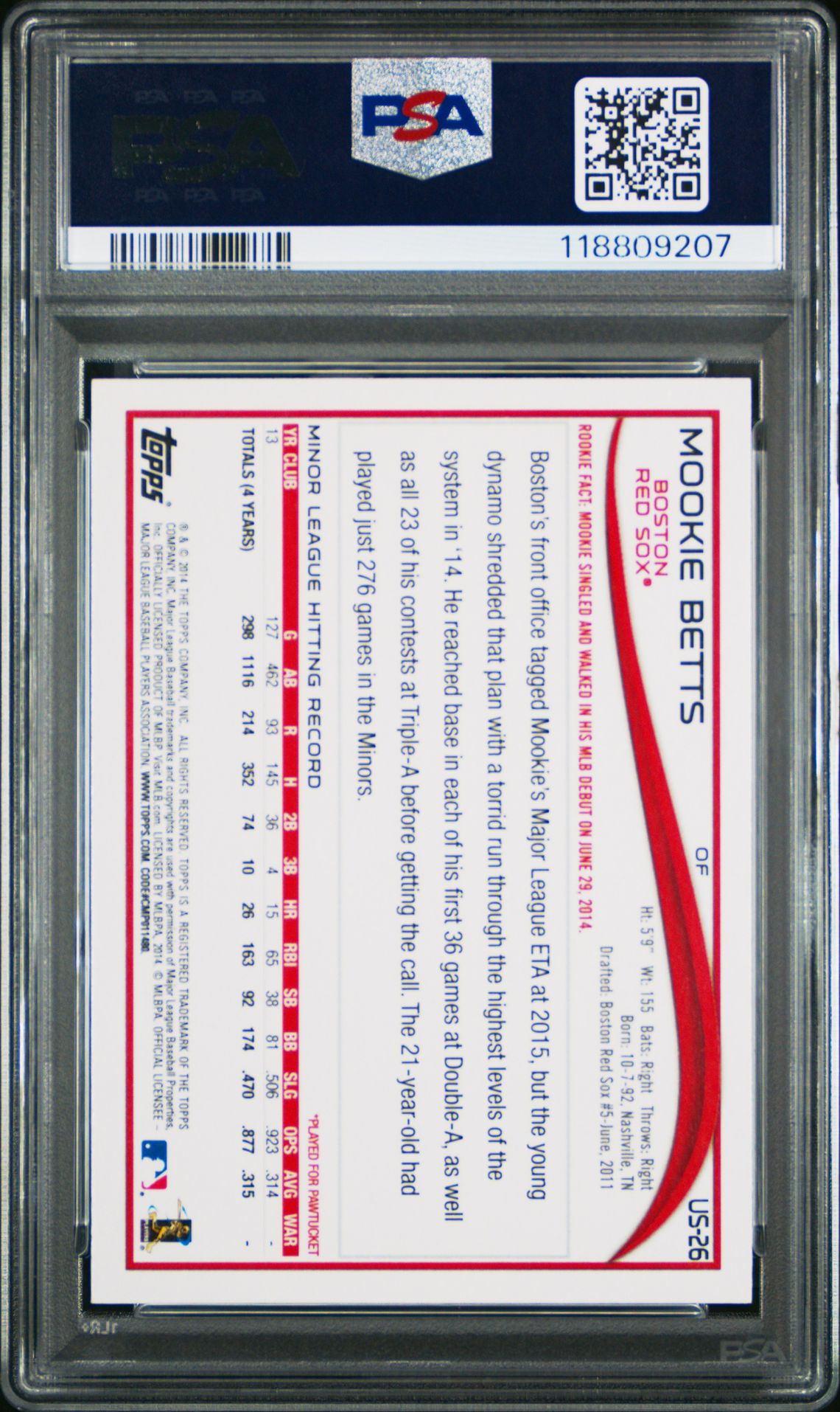 2014 Topps Update Mookie Betts #Us26 (Batting) Gem Mt 10 back