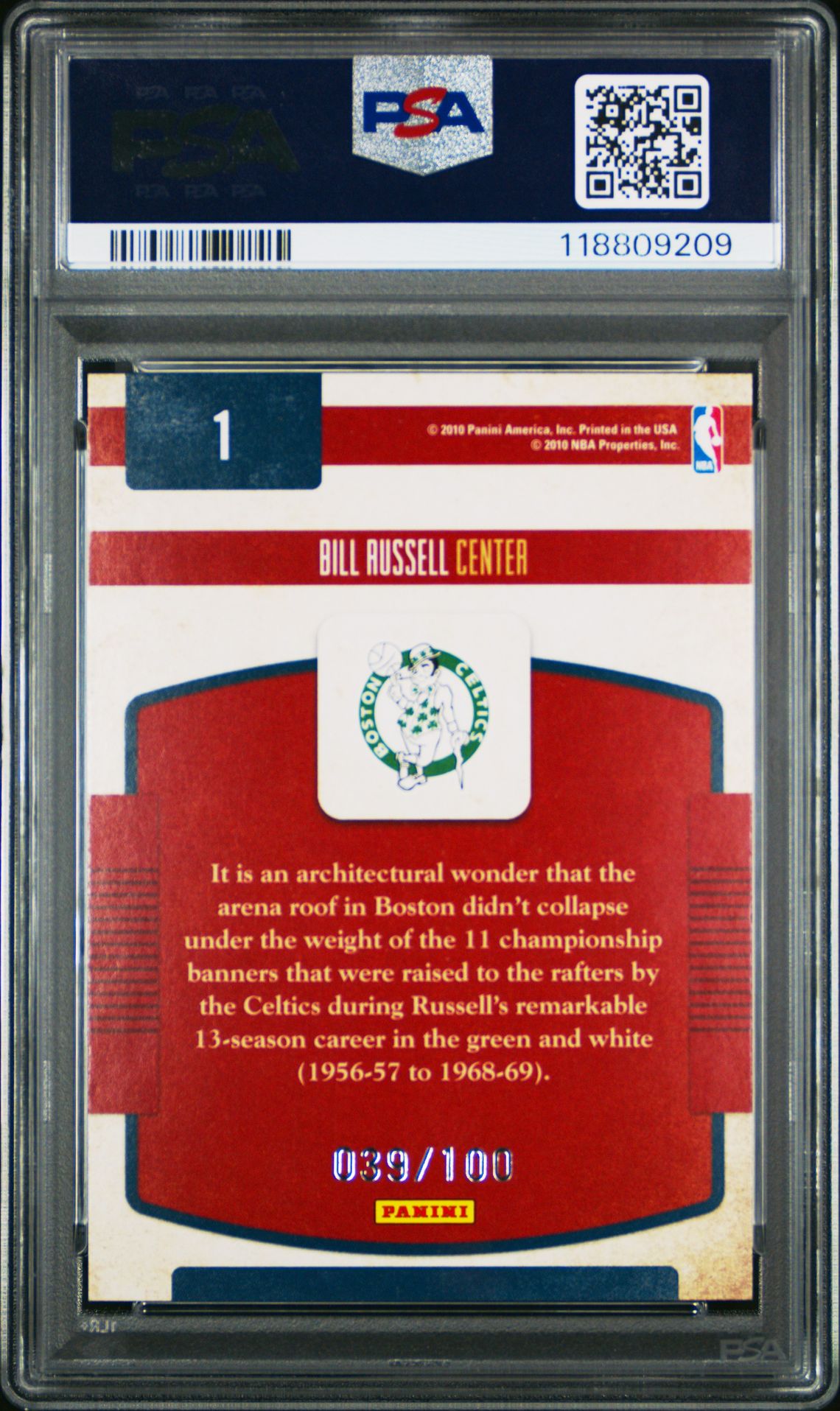 2009 Panini Classics Classic Greats Bill Russell #1 (Classic Greats-Gold) Mint 9 back