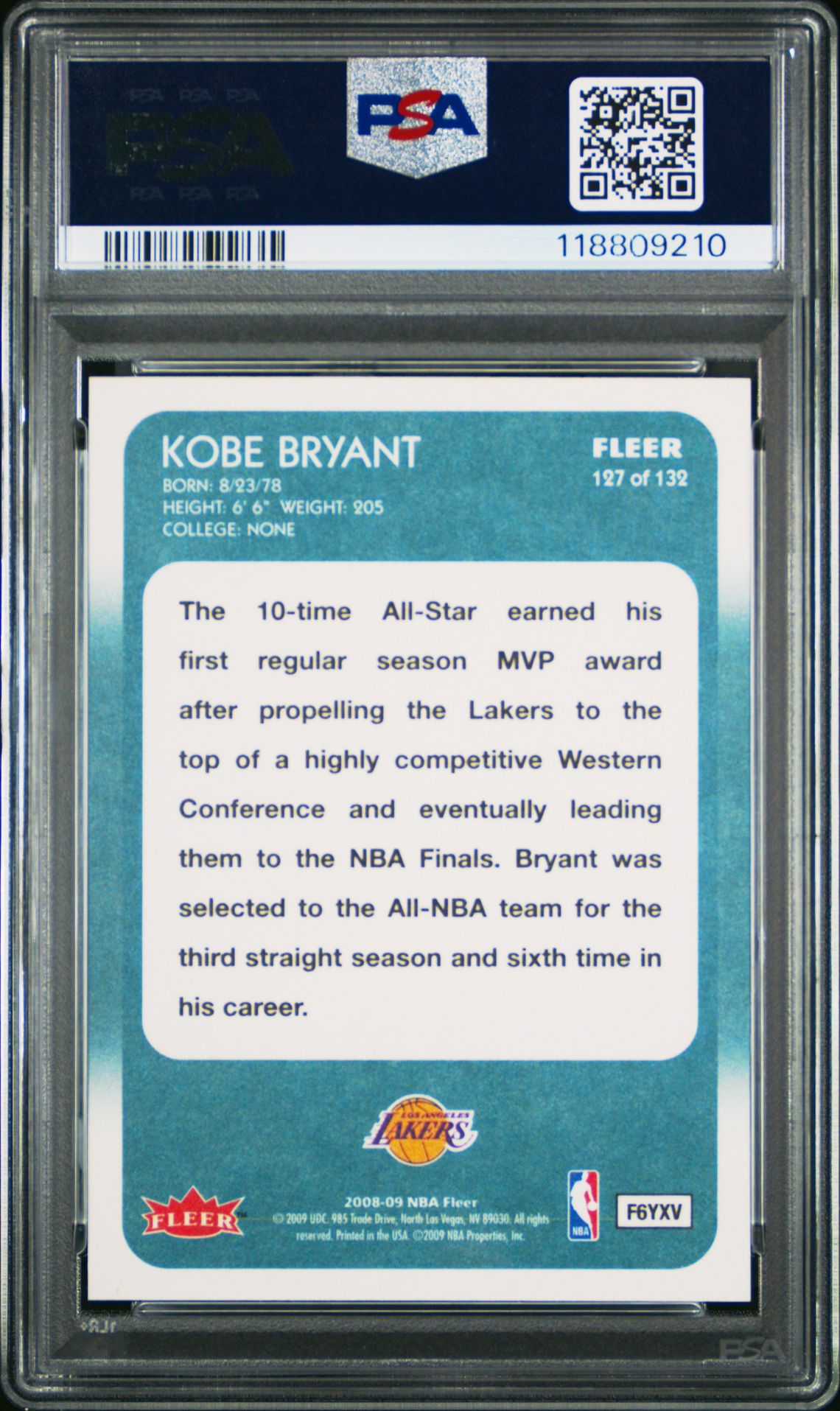 2008 Fleer 1988 Retro Kobe Bryant #127 (1988 Retro) Gem Mt 10 back
