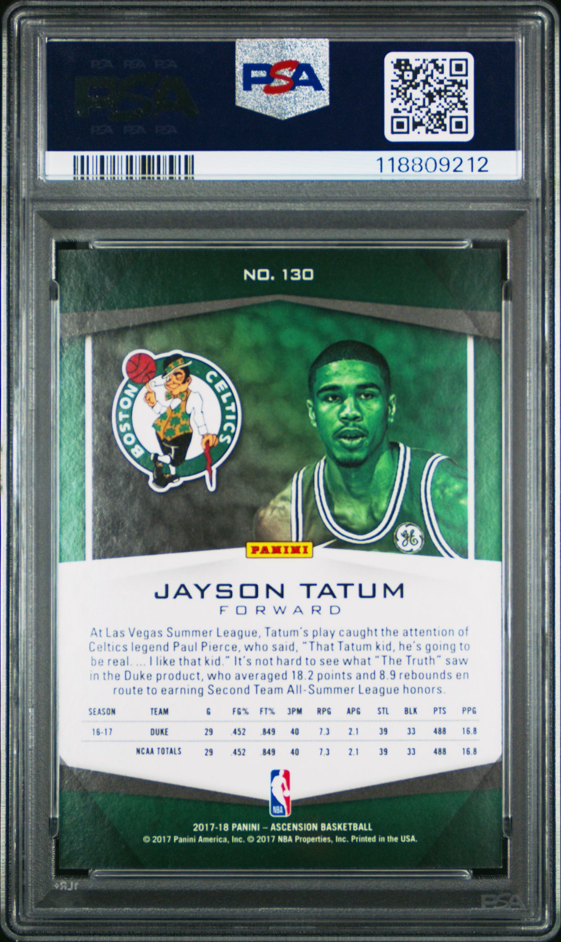 2017 Panini Ascension Jayson Tatum #130 (Blue) Mint 9 back