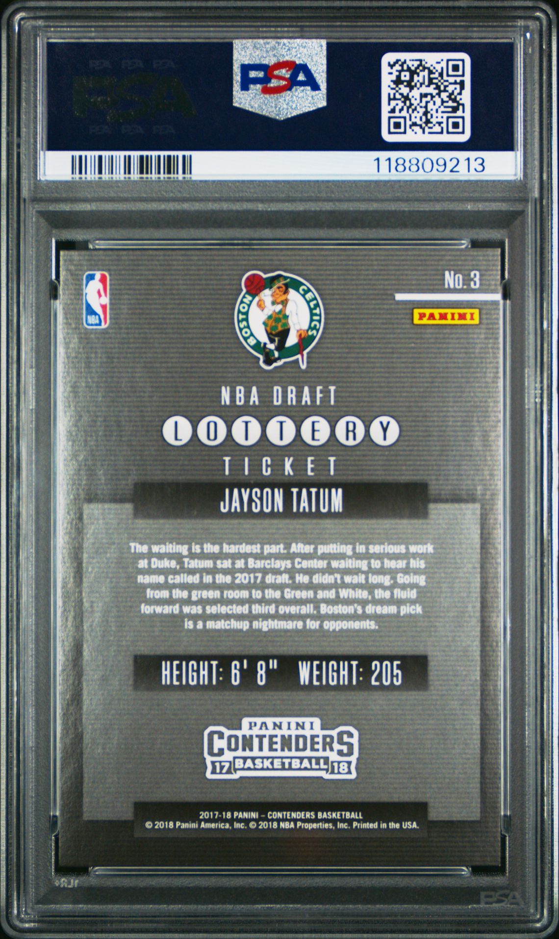 2017 Panini Contenders Lottery Ticket Jayson Tatum #3 (Lottery Ticket-Retail) Mint 9 back