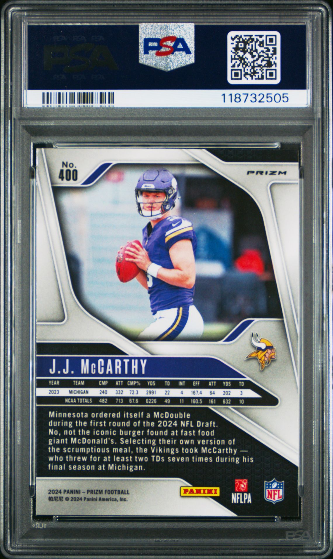 2024 Panini Prizm Jj Mccarthy #400 (Red/White/Blue Prizm) Gem Mt 10 back