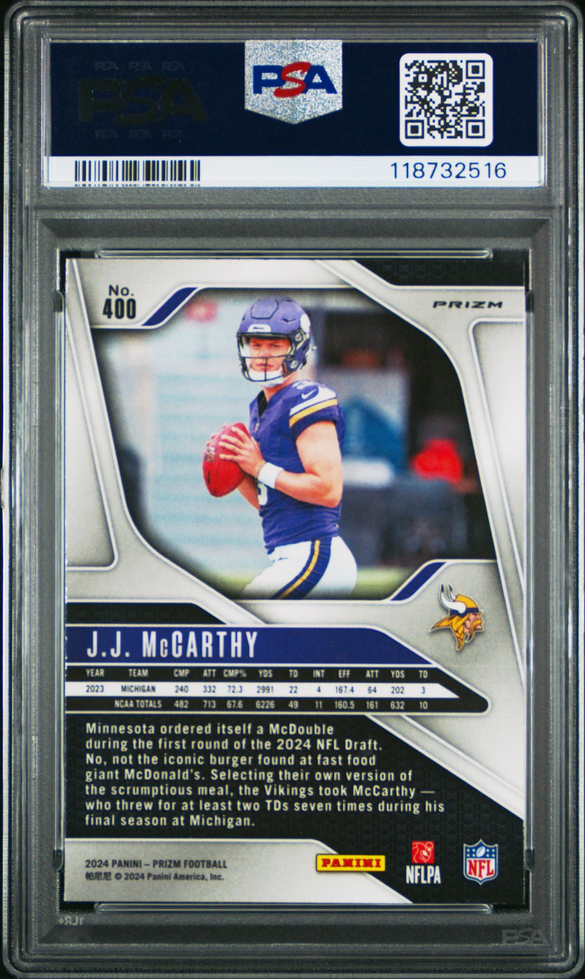 2024 Panini Prizm Jj Mccarthy #400 (Green Prizm) Mint 9 back