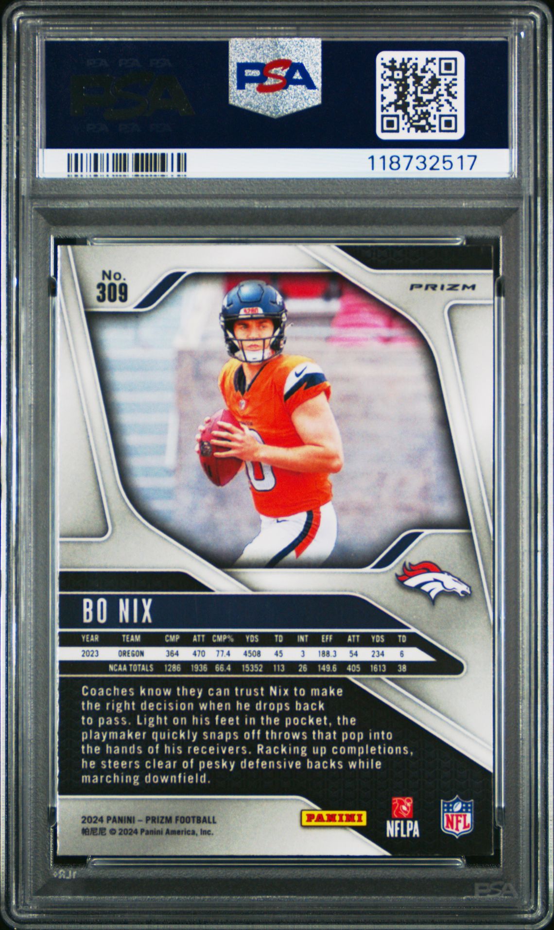 2024 Panini Prizm Bo Nix #309 (Silver Prizm) Mint 9 back