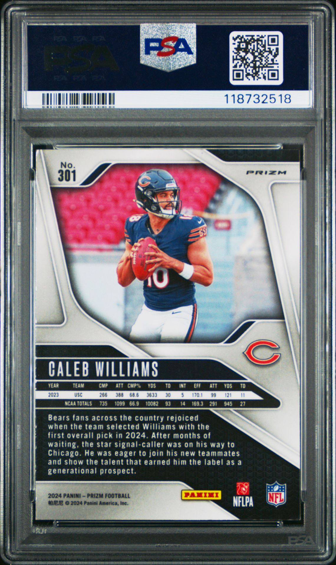2024 Panini Prizm Caleb Williams #301 (Red/White/Blue Prizm) Mint 9 back