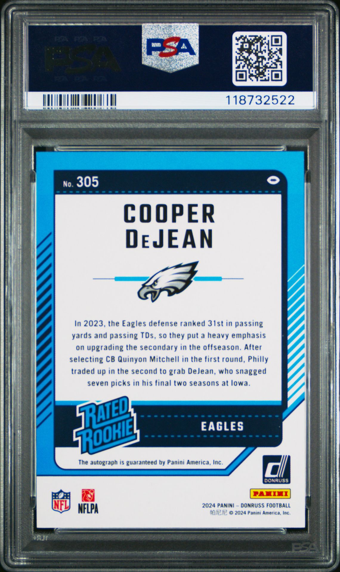 2024 Panini Donruss Cooper Dejean #305 (Autograph-Green) Mint 9 back