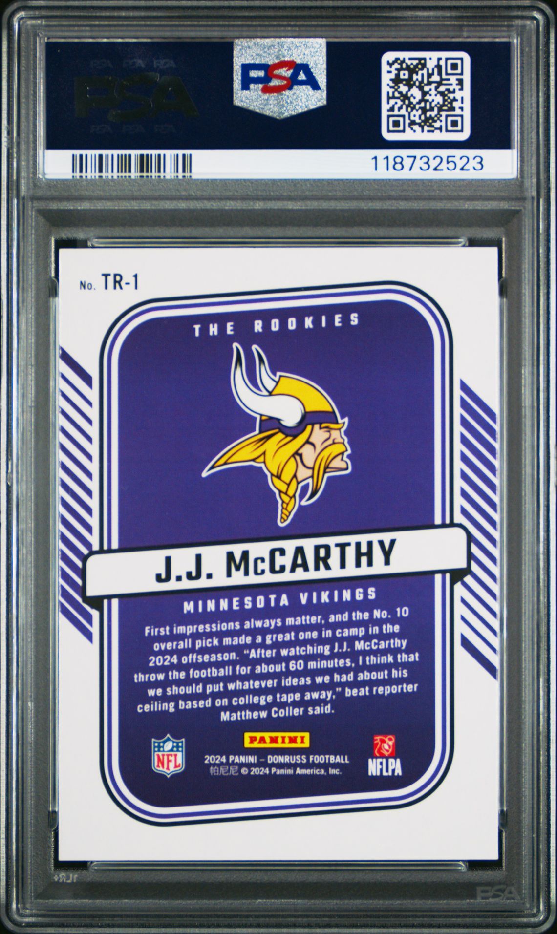 2024 Panini Donruss The Rookies Jj Mccarthy #Tr1 Gem Mt 10 back