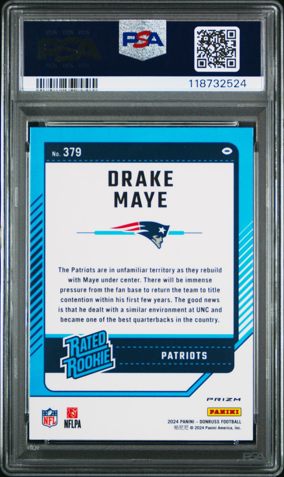 2024 Panini Donruss Drake Maye #379 (Optic Preview-Pink) Gem Mt 10 back