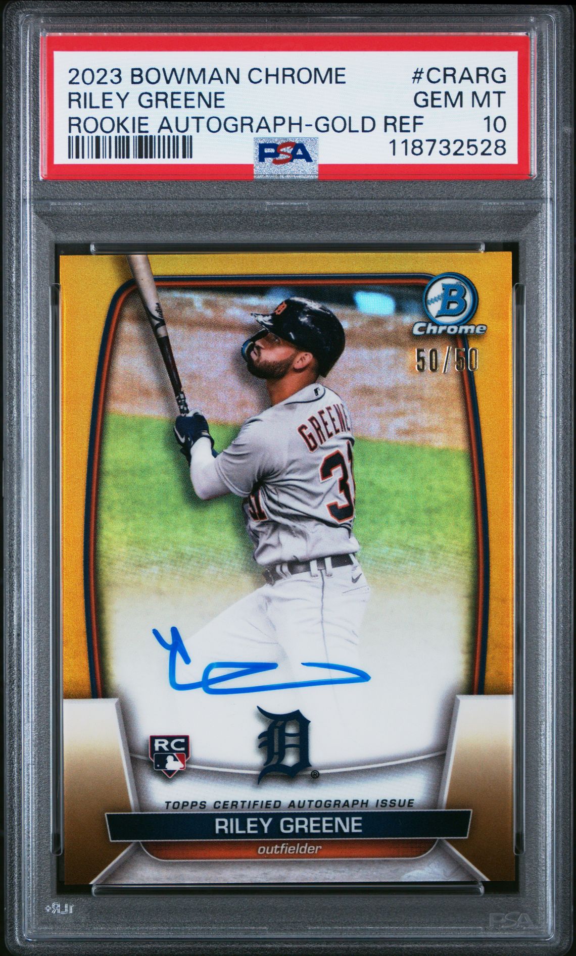 2023 Bowman Chrome Chrome Rookie Autograph Riley Greene #Crarg (Rookie Autograph-Gold Ref) Gem Mt 10 front