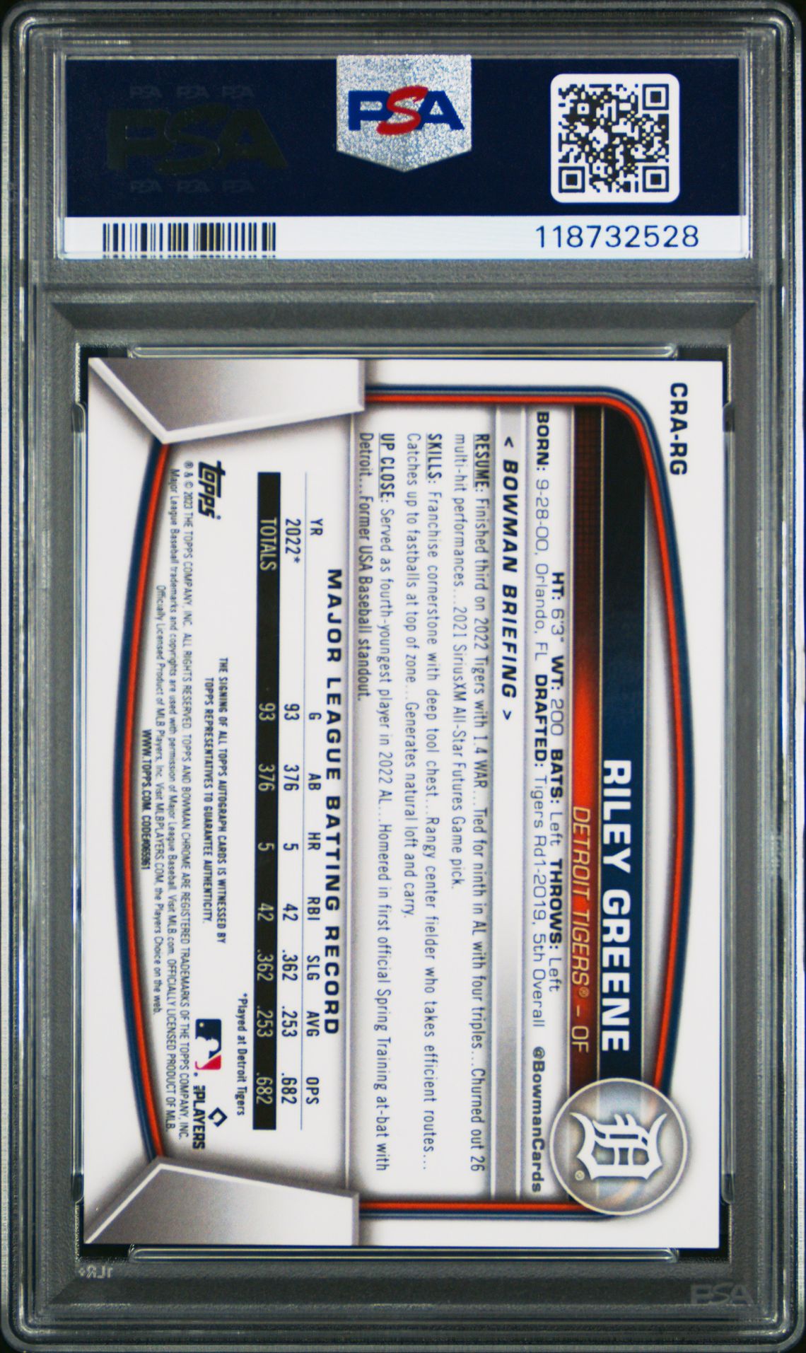 2023 Bowman Chrome Chrome Rookie Autograph Riley Greene #Crarg (Rookie Autograph-Gold Ref) Gem Mt 10 back