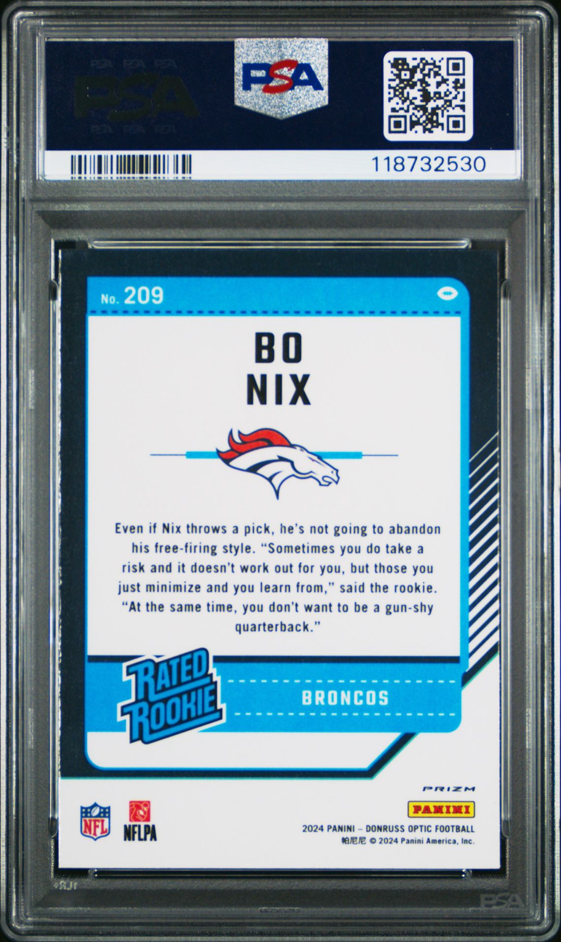 2024 Panini Donruss Optic Bo Nix #209 (Blue Scope) Gem Mt 10 back