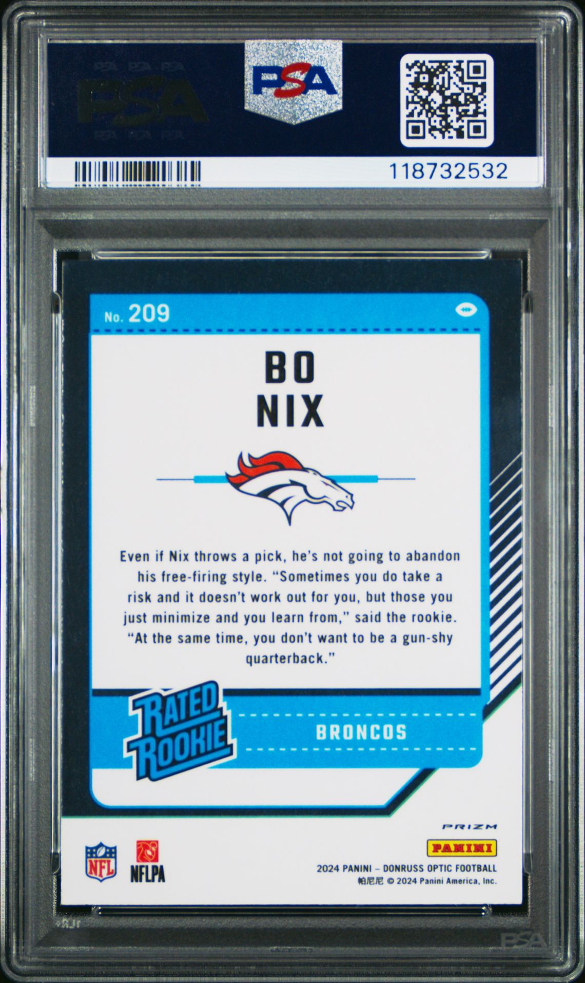 2024 Panini Donruss Optic Bo Nix #209 (Purple Scope) Gem Mt 10 back