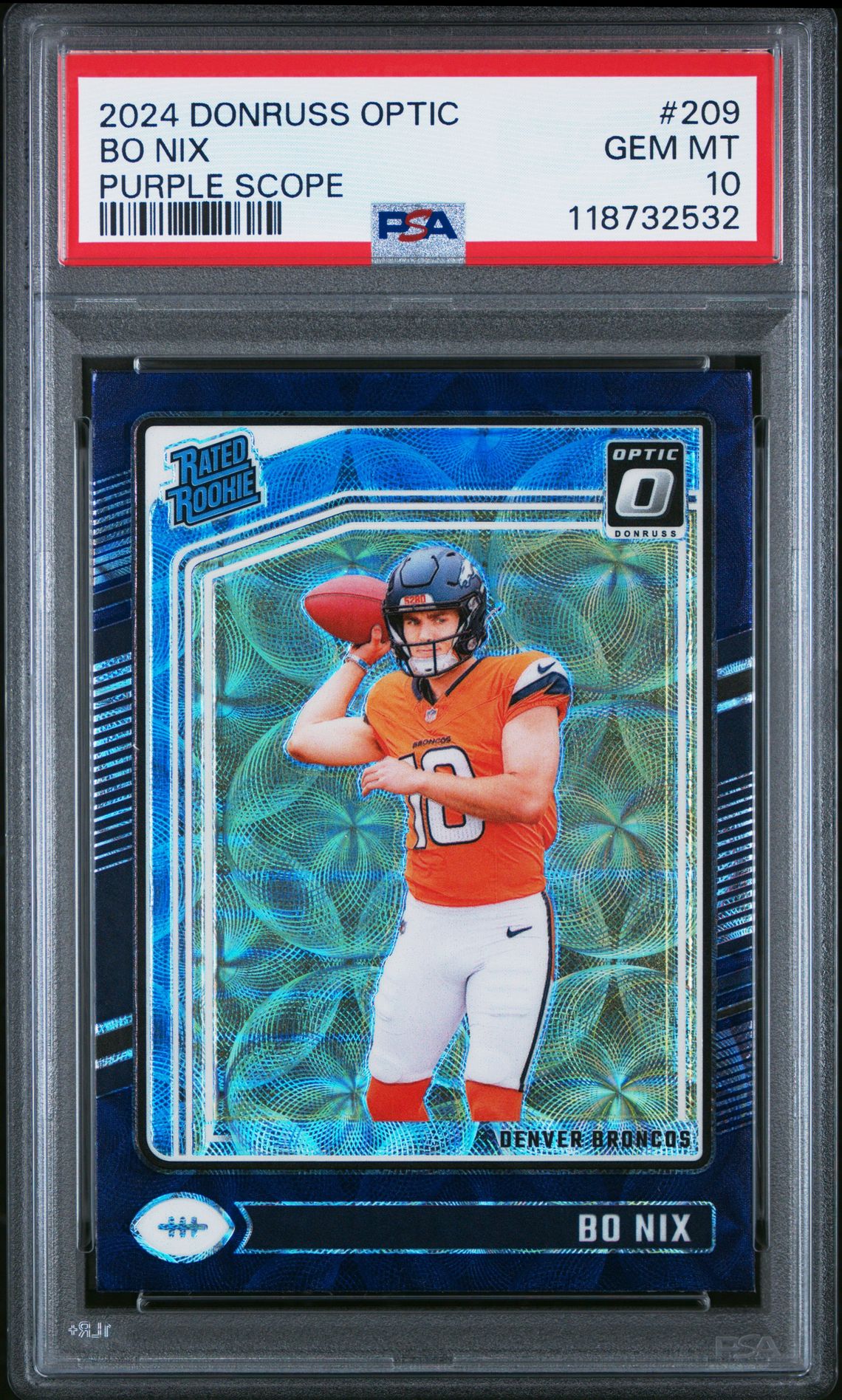 2024 Panini Donruss Optic Bo Nix #209 (Purple Scope) Gem Mt 10 front