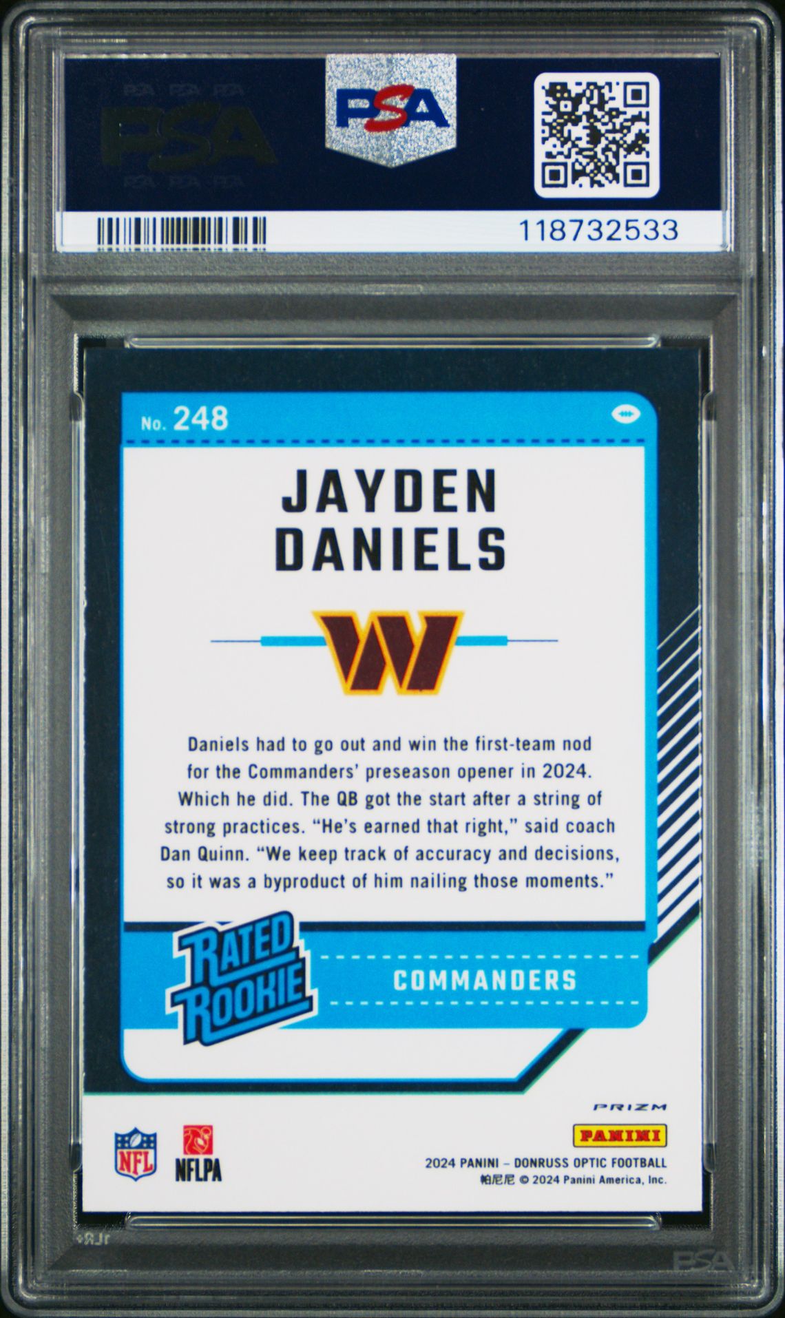 2024 Panini Donruss Optic Jayden Daniels #248 (Purple Scope) Gem Mt 10 back