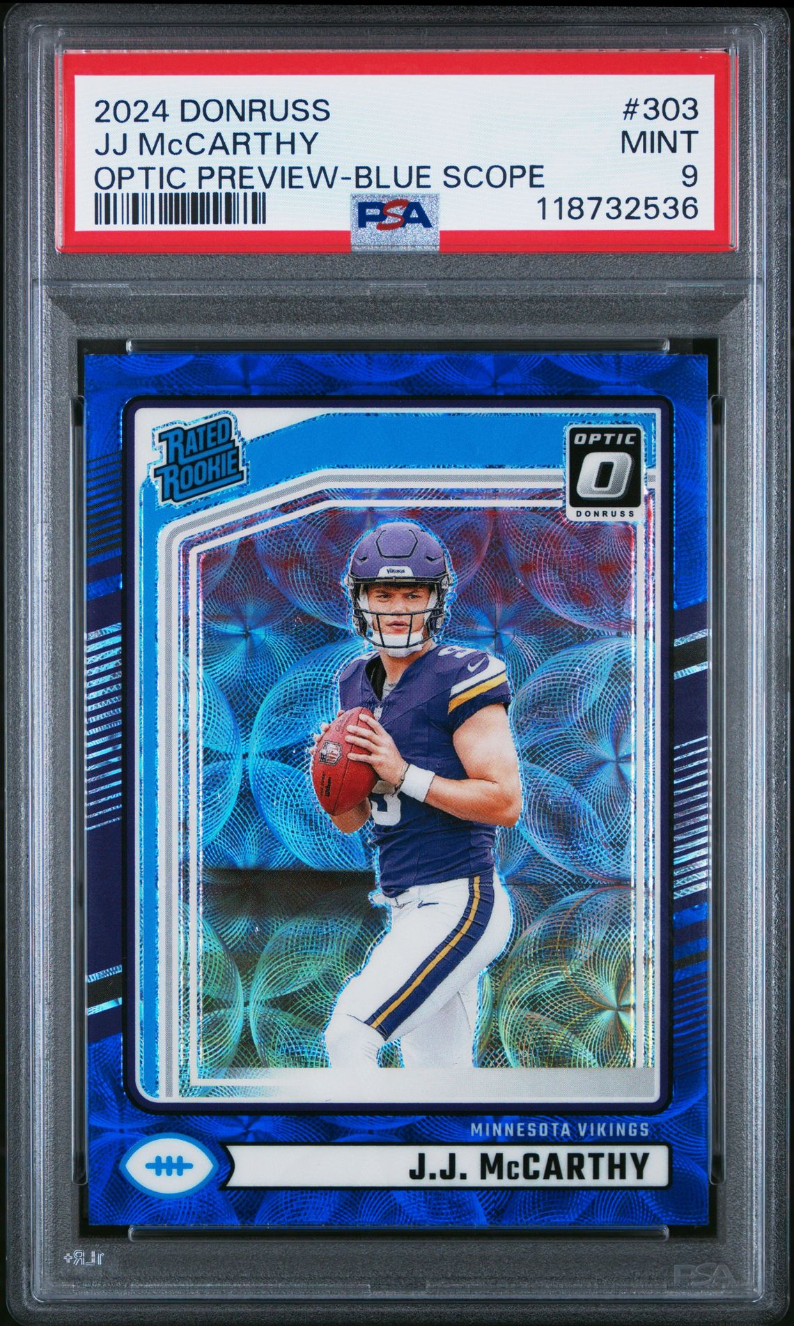 2024 Panini Donruss Jj Mccarthy #303 (Optic Preview-Blue Scope) Mint 9 front