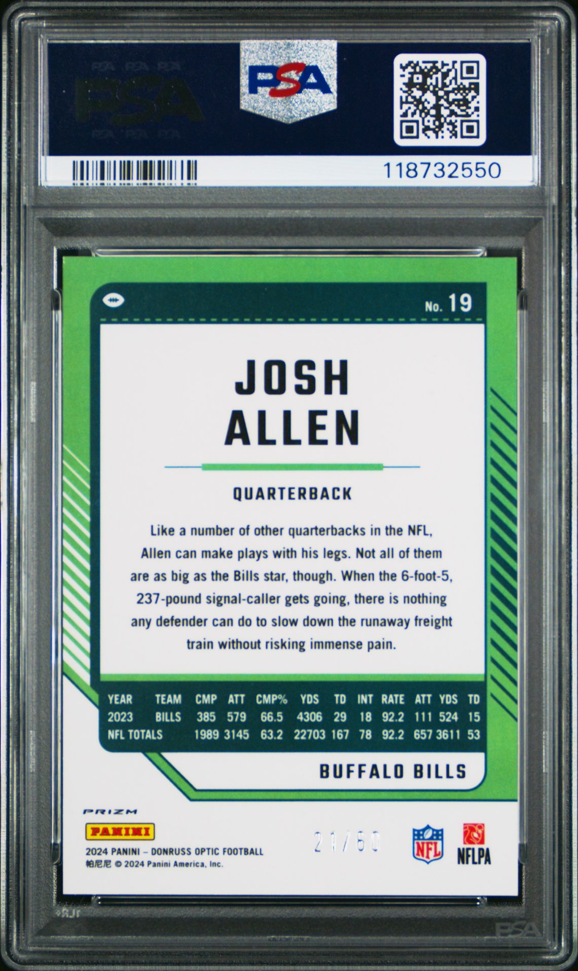 2024 Panini Donruss Optic Josh Allen #19 (Purple) Gem Mt 10 back