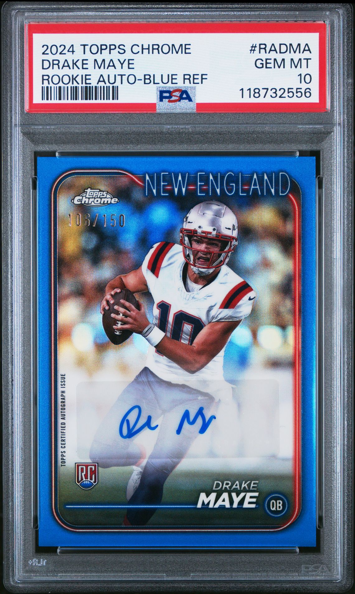 2024 Topps Chrome Rookie Autographs Variations Drake Maye #Radma (Rookie Auto-Blue Ref) Gem Mt 10 front