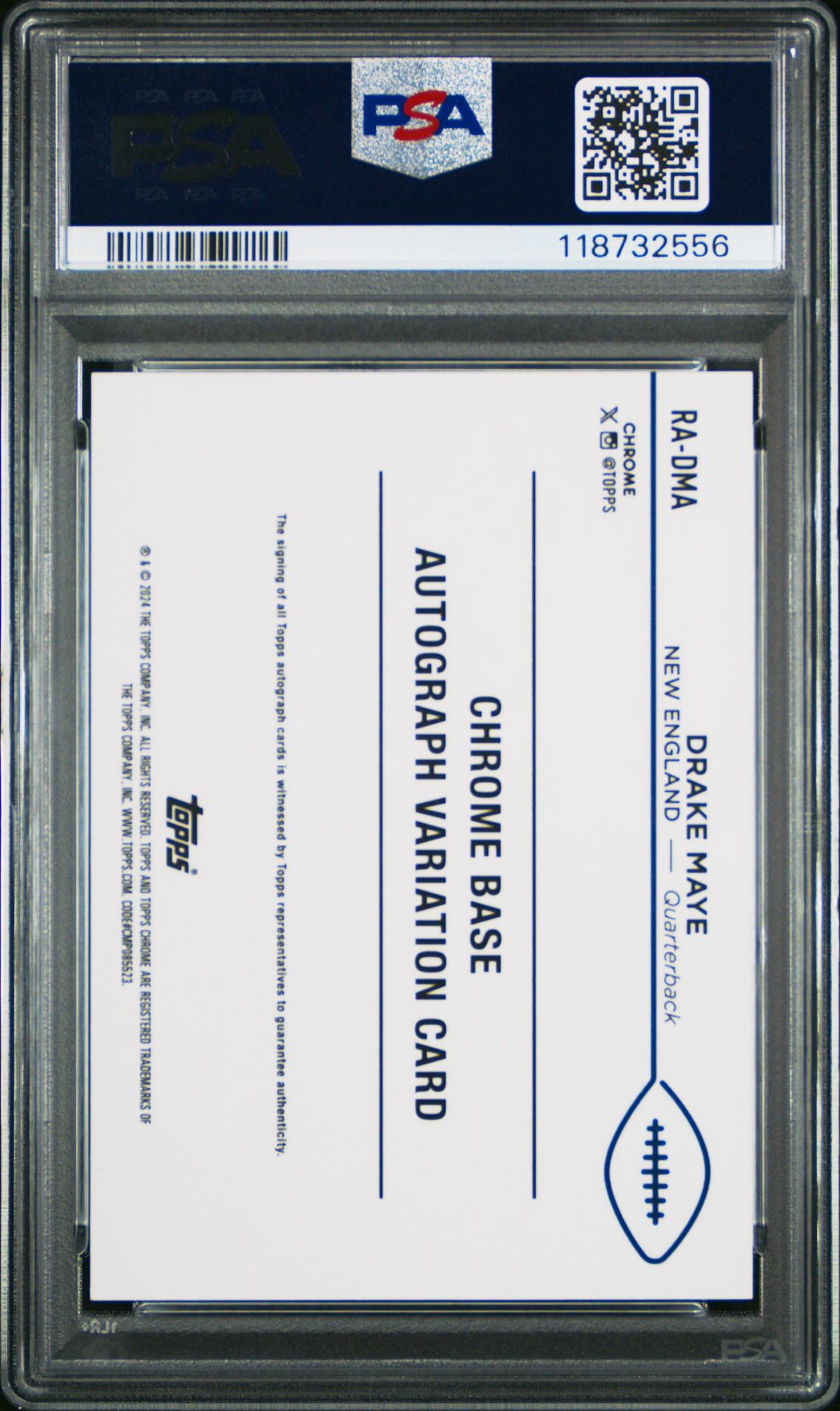 2024 Topps Chrome Rookie Autographs Variations Drake Maye #Radma (Rookie Auto-Blue Ref) Gem Mt 10 back