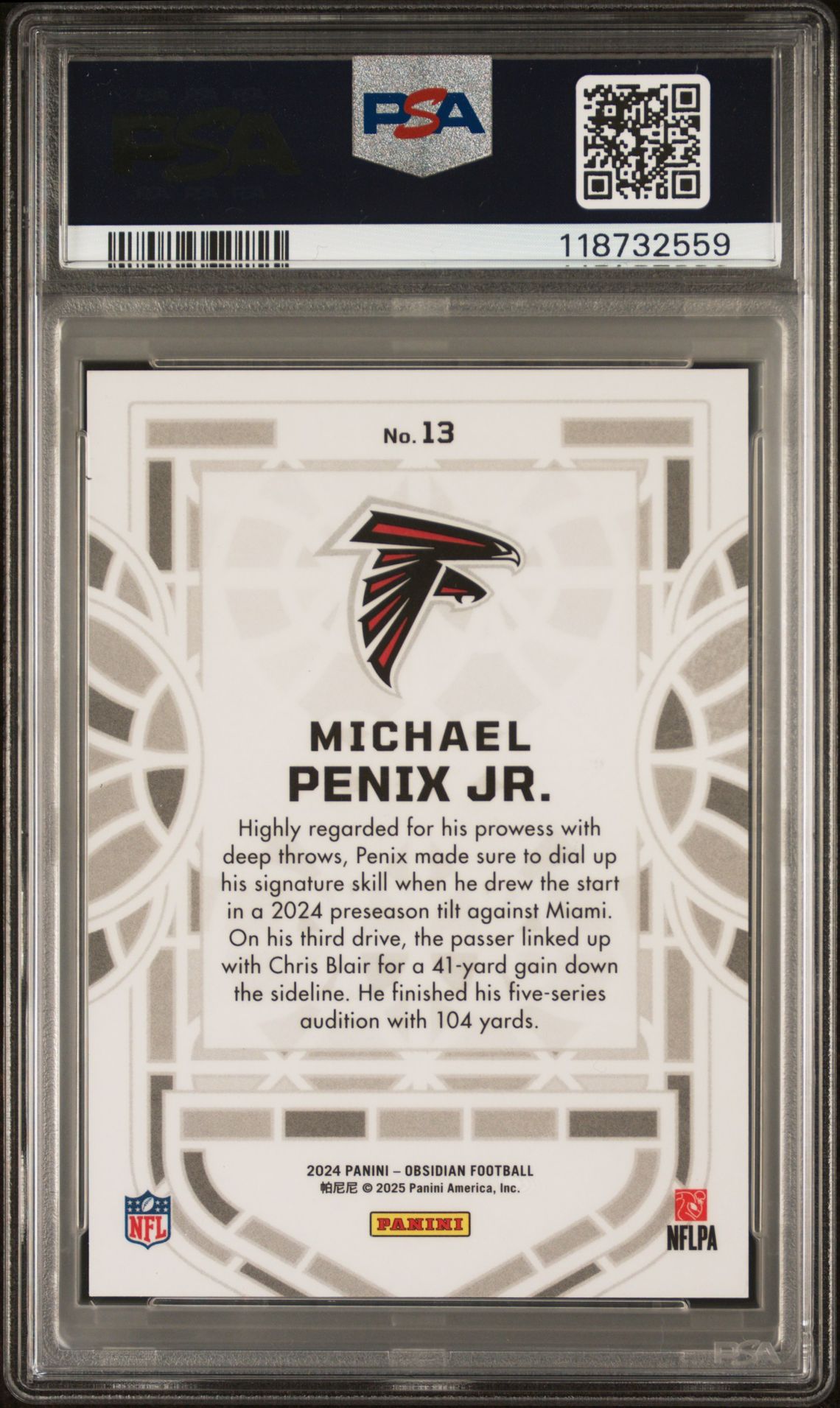 2024 Panini Obsidian Black Stained Glass Michael Penix Jr. #13 Gem Mt 10 back