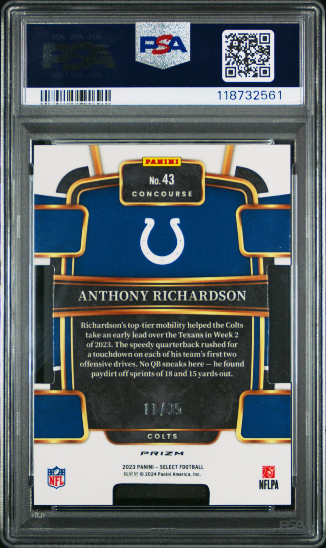 2023 Panini Select Anthony Richardson #43 (Die-Cut Blue & Orange Prizm) Gem Mt 10 back