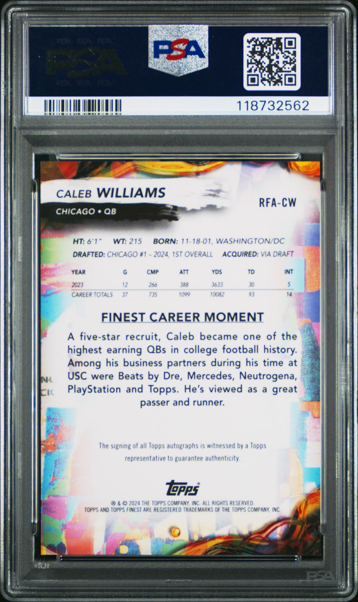 2024 Topps Finest Rookie Finest Autographs Caleb Williams #Rfacw Gem Mt 10 back