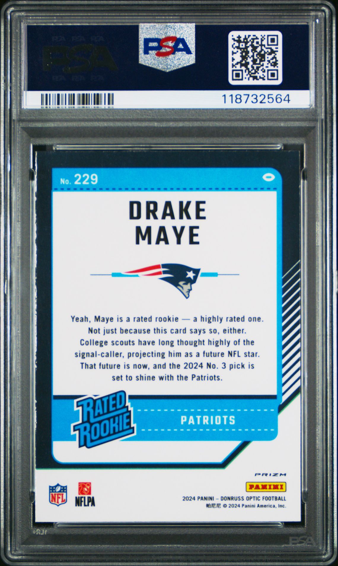2024 Panini Donruss Optic Drake Maye #229 (Blue Hyper) Gem Mt 10 back