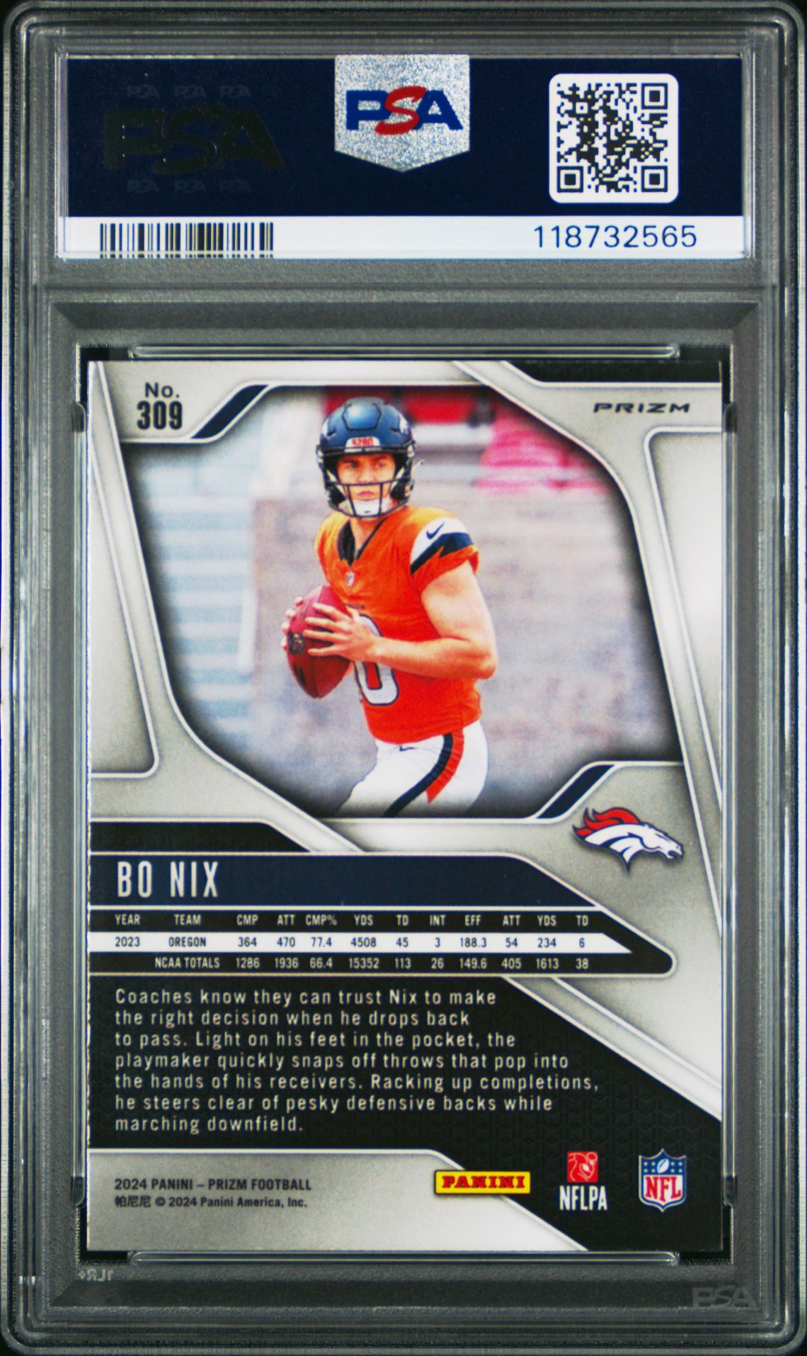 2024 Panini Prizm Bo Nix #309 (Lazer Prizm) Mint 9 back