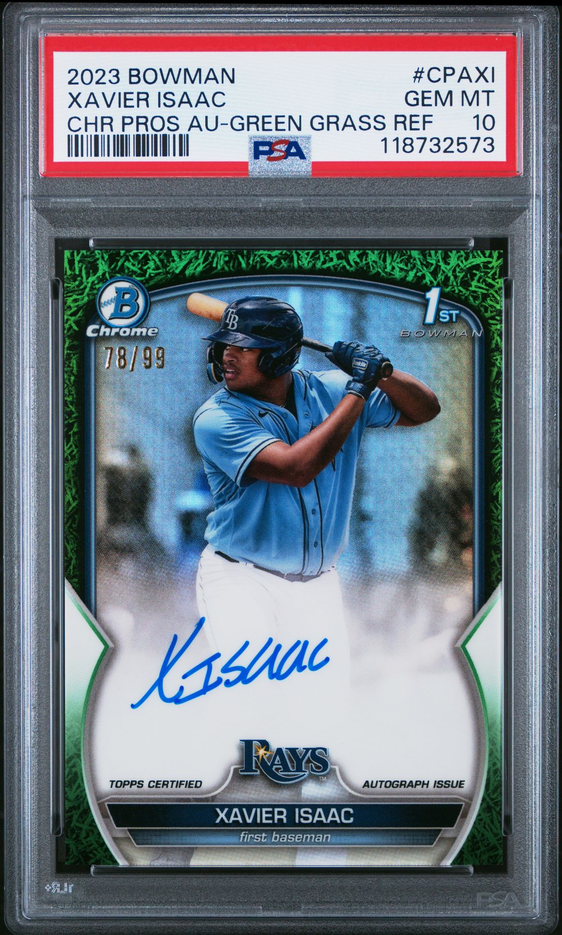 2023 Bowman Chrome Prospect Autographs Xavier Isaac #Cpaxi (Chr Pros Au-Green Grass Ref) Gem Mt 10 front
