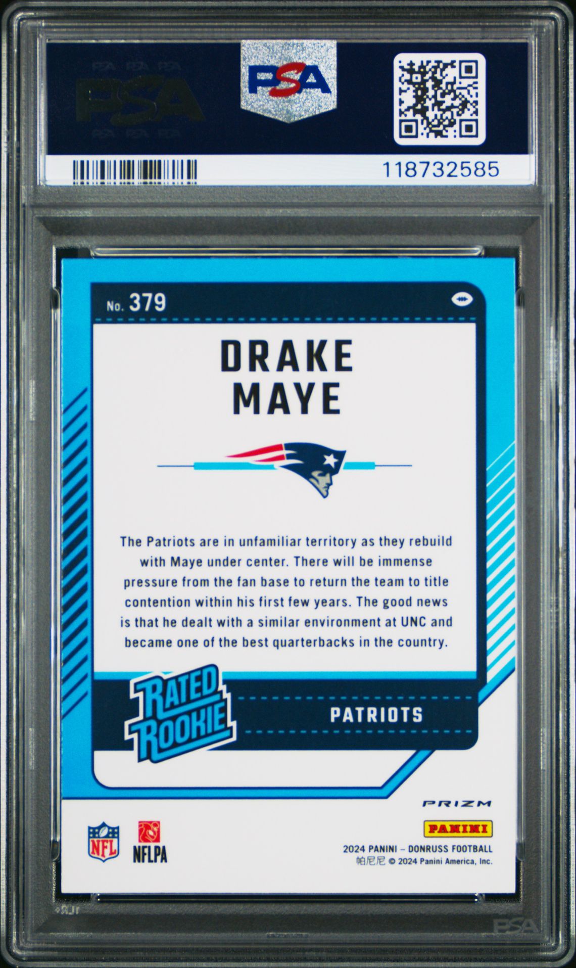 2024 Panini Donruss Drake Maye #379 (Optic Preview-Pink) Mint 9 back