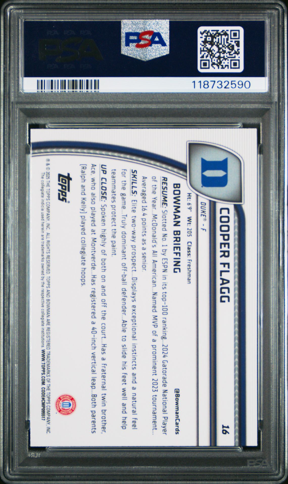 2024 Bowman Chrome University Cooper Flagg #16 (Black Wave) Gem Mt 10 back