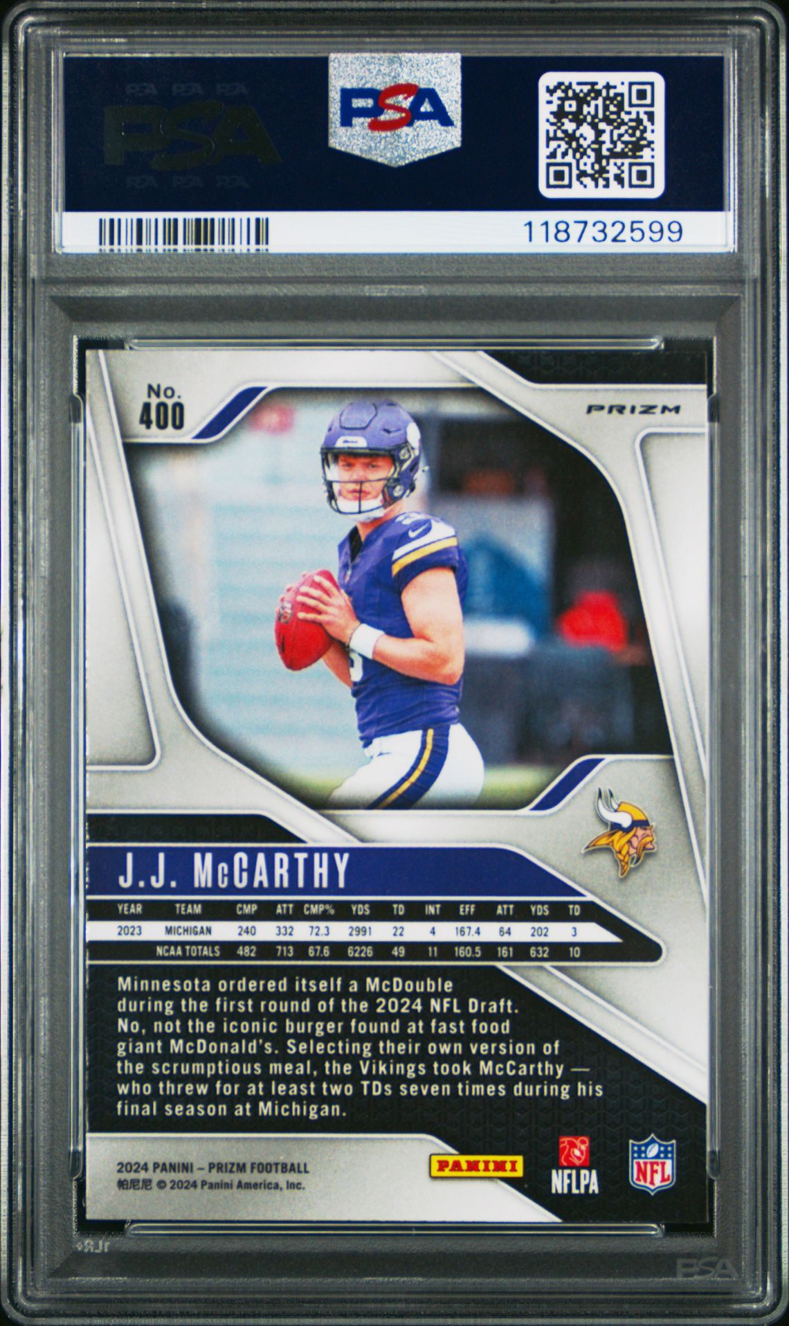 2024 Panini Prizm Jj Mccarthy #400 (Green Wave) Gem Mt 10 back